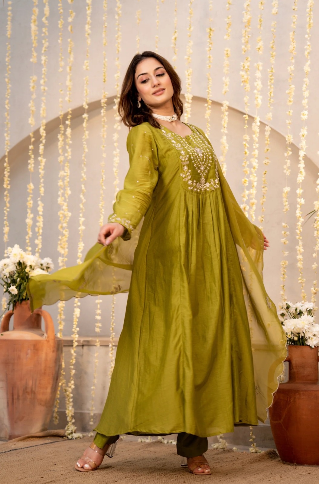 Mehendi Designer Embroidered Chanderi Kurta Set