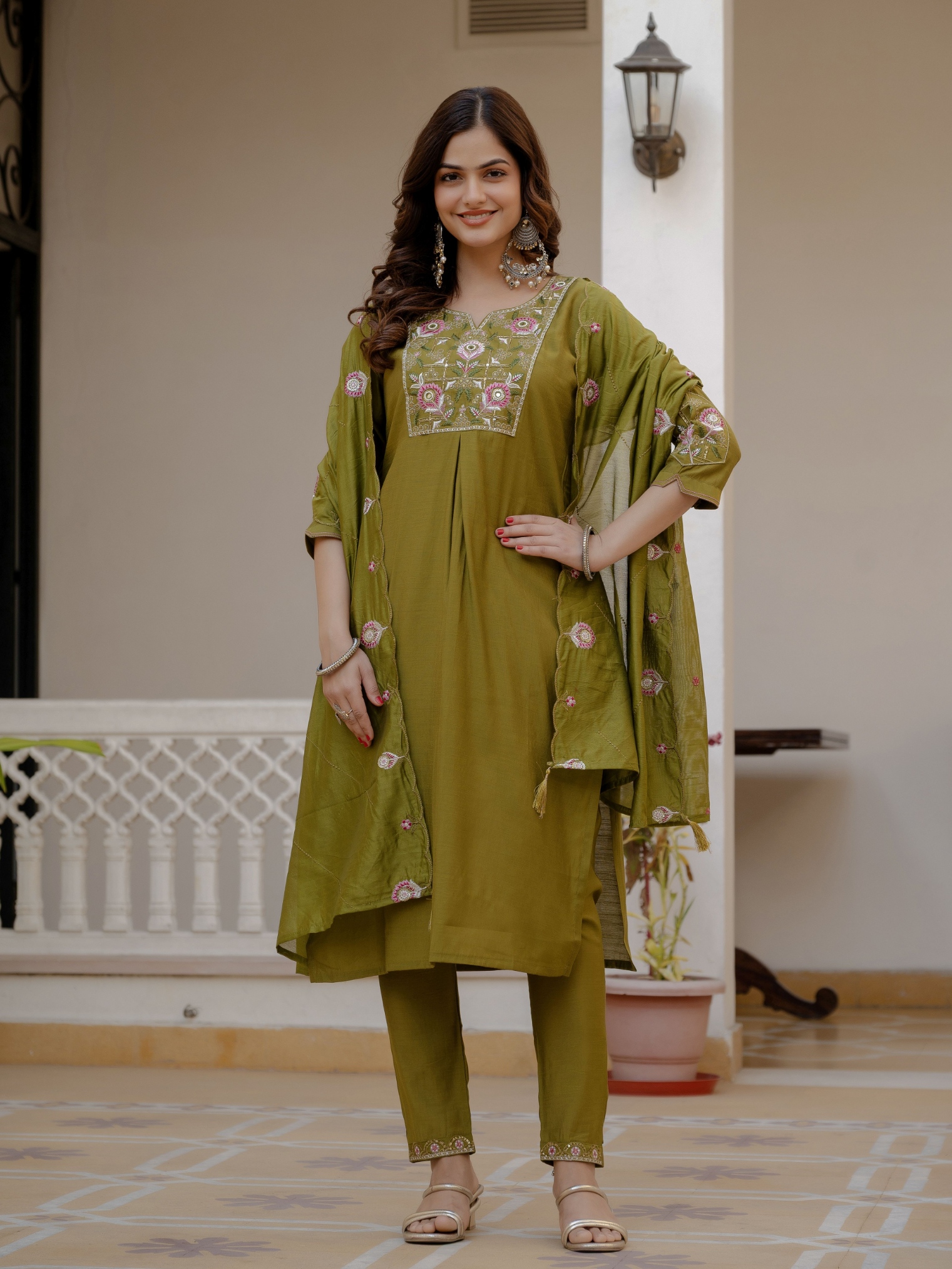 Mehendi Designer Embroidered Viscose Silk Anarkali Suit