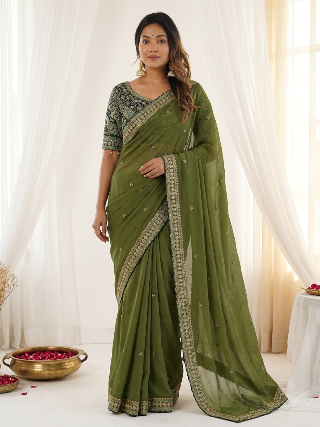Mehendi Designer Embroidery Rangoli Silk Saree