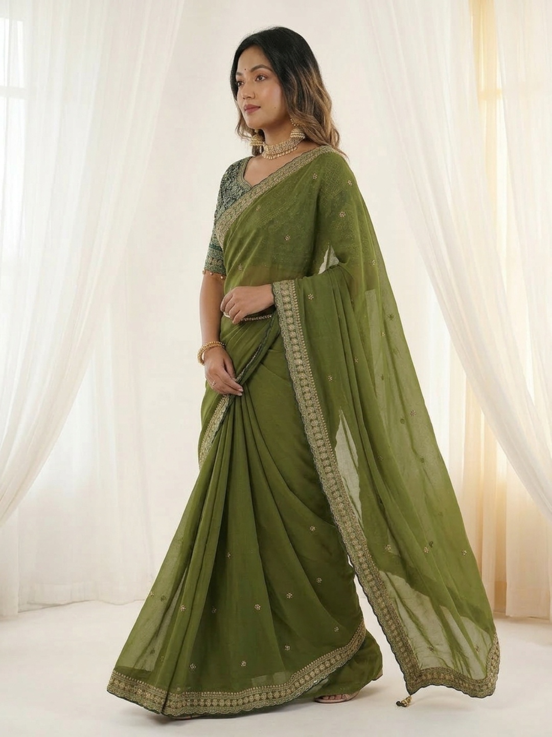 Mehendi Designer Embroidery Rangoli Silk Saree — alternate view