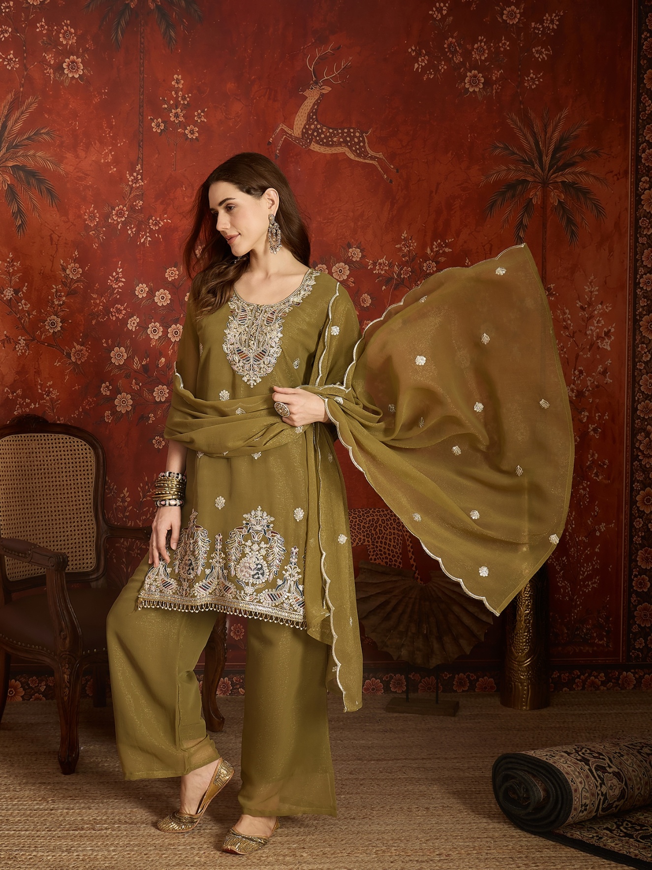 Mehendi Designer Embroidery Shimmer Lining Zari Straight Suit