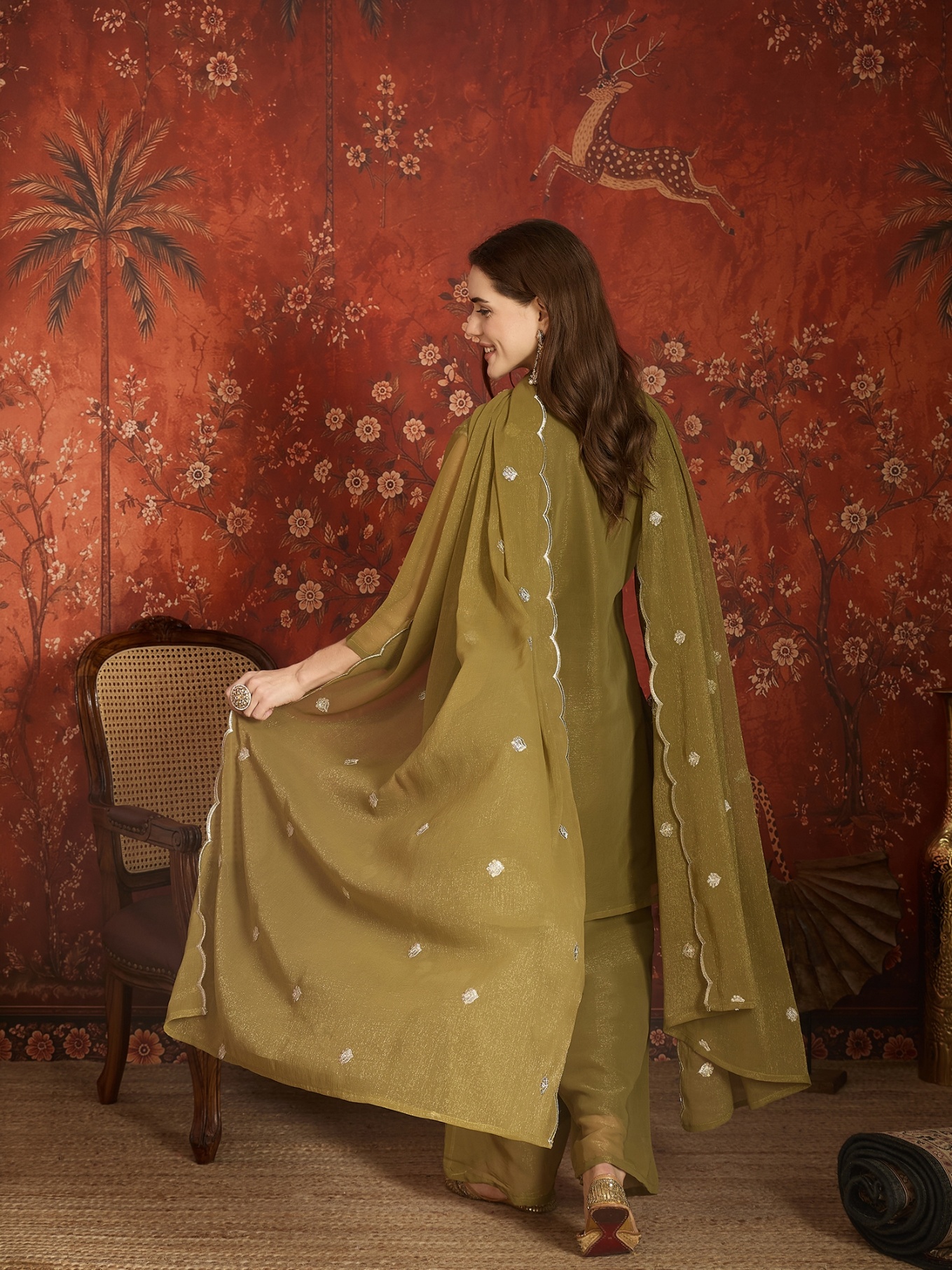 Mehendi Designer Embroidery Shimmer Lining Zari Straight Suit — alternate view