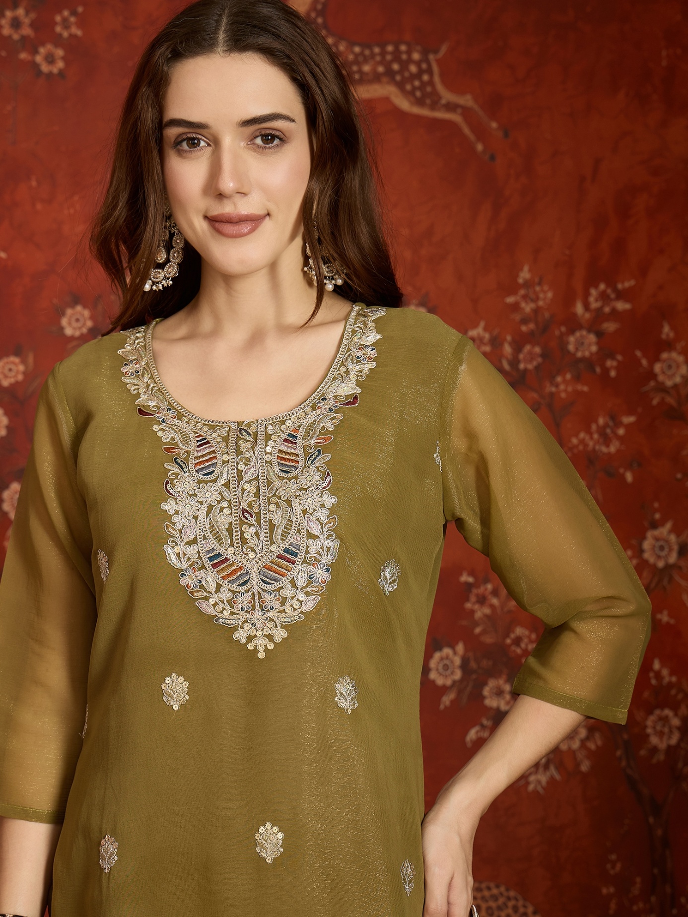 Mehendi Designer Embroidery Shimmer Lining Zari Straight Suit