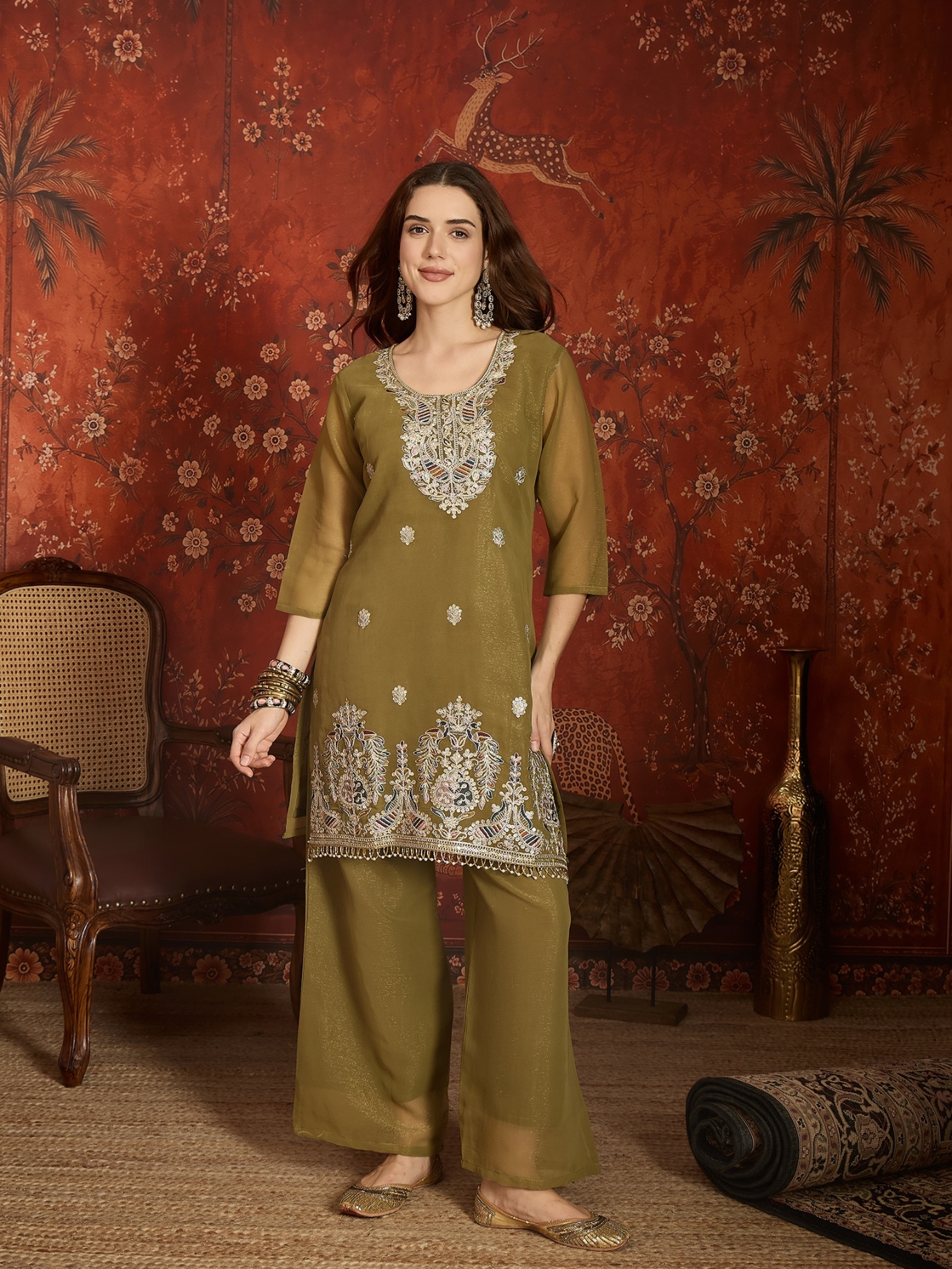 Mehendi Designer Embroidery Shimmer Lining Zari Straight Suit