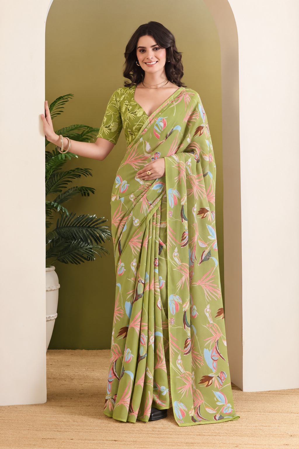 Mehendi Designer Printed Georgette Ready To Wear Saree