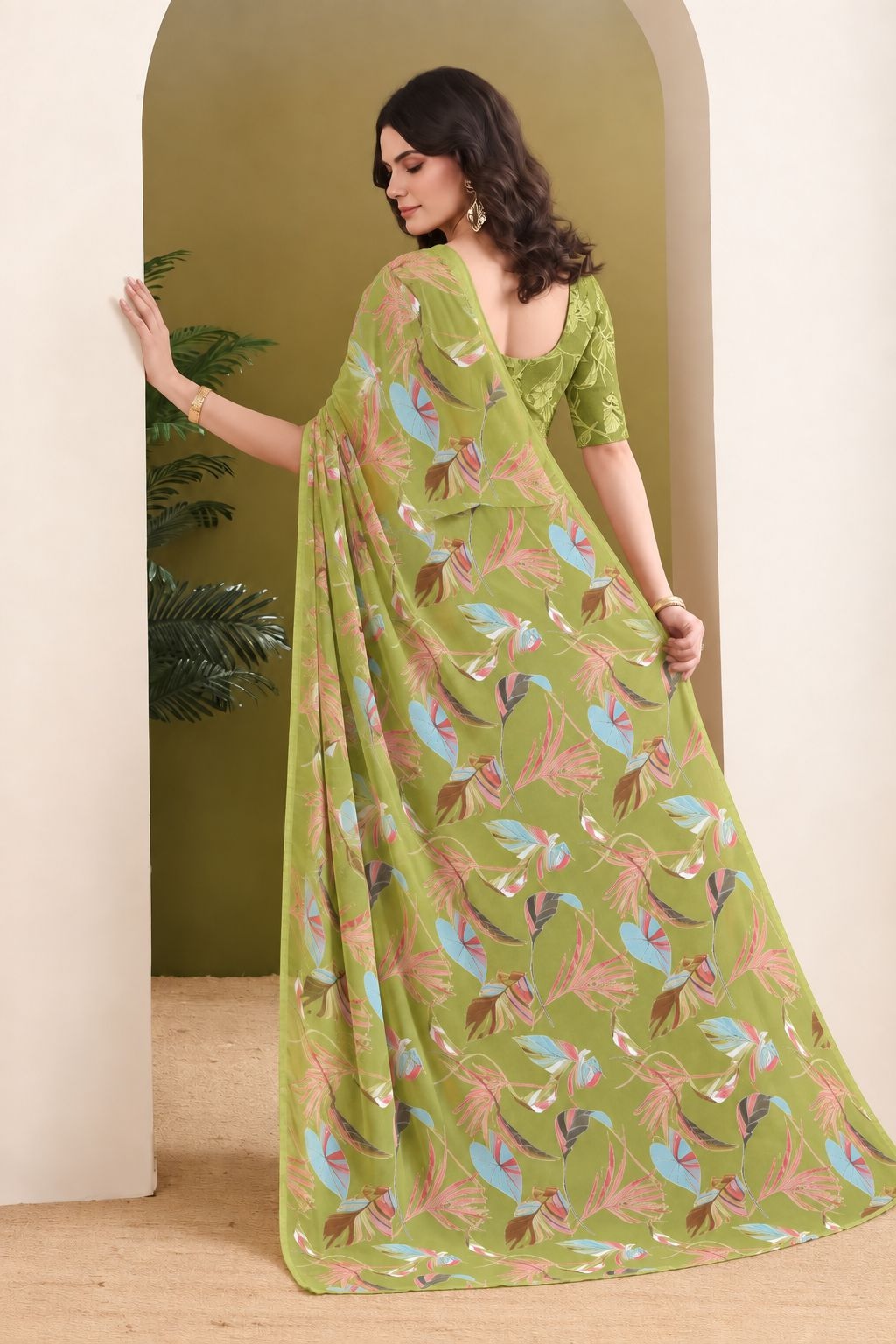 Mehendi Designer Printed Georgette Ready To Wear Saree — alternate view