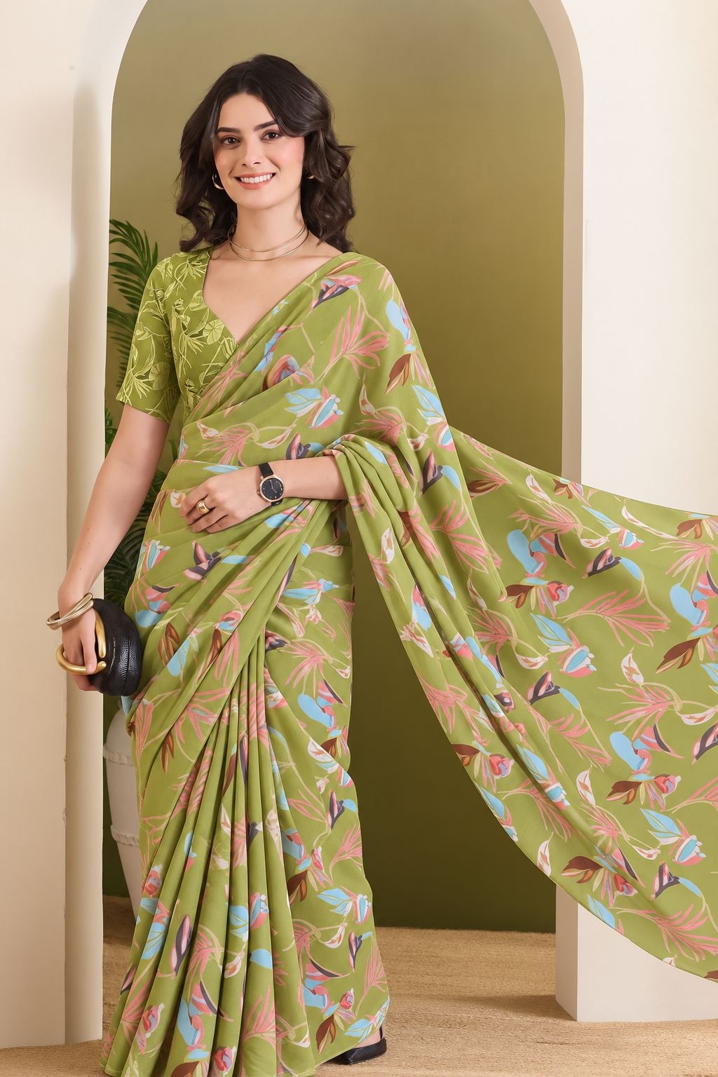 Mehendi Designer Printed Georgette Ready To Wear Saree