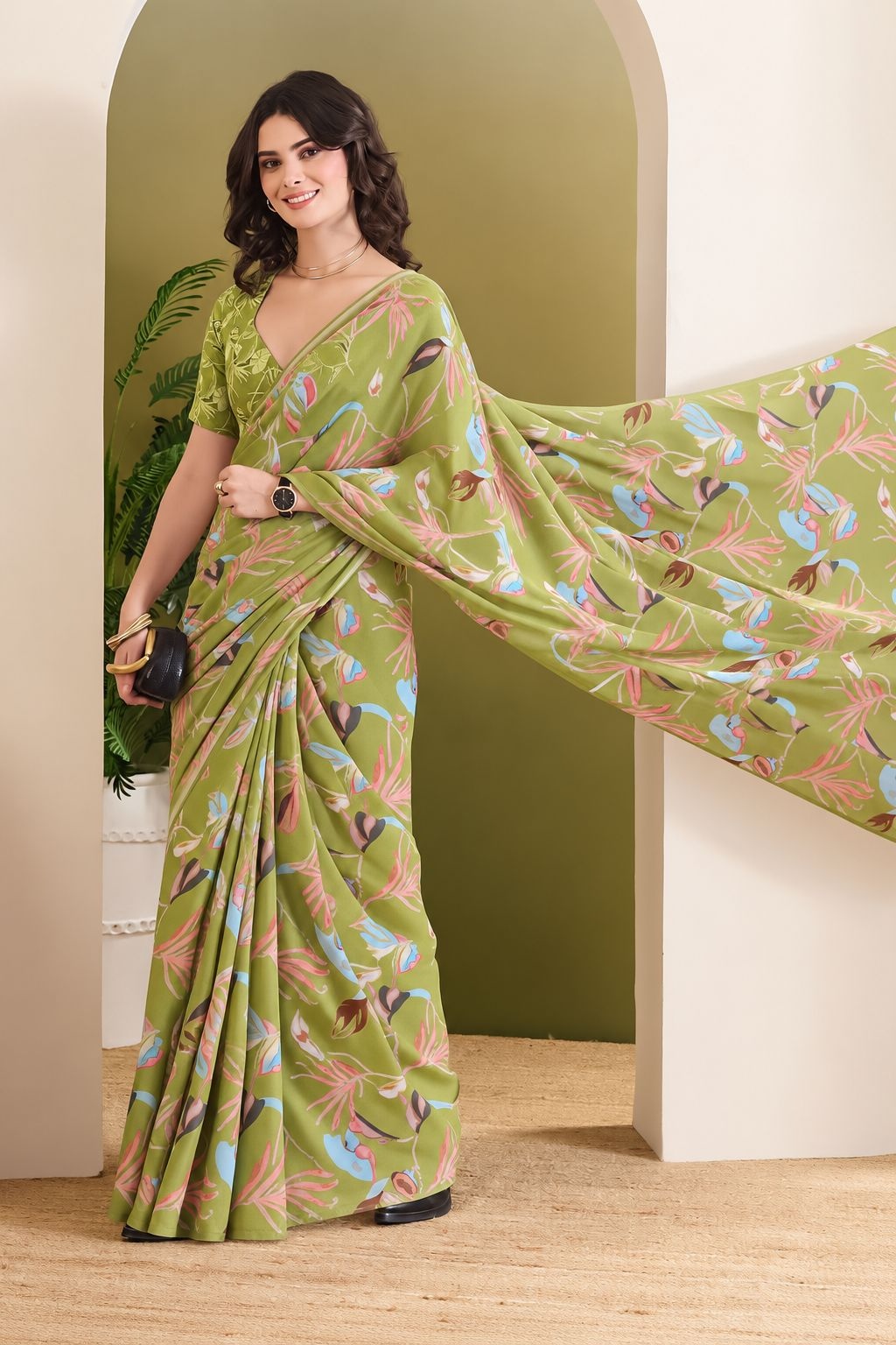 Mehendi Designer Printed Georgette Ready To Wear Saree