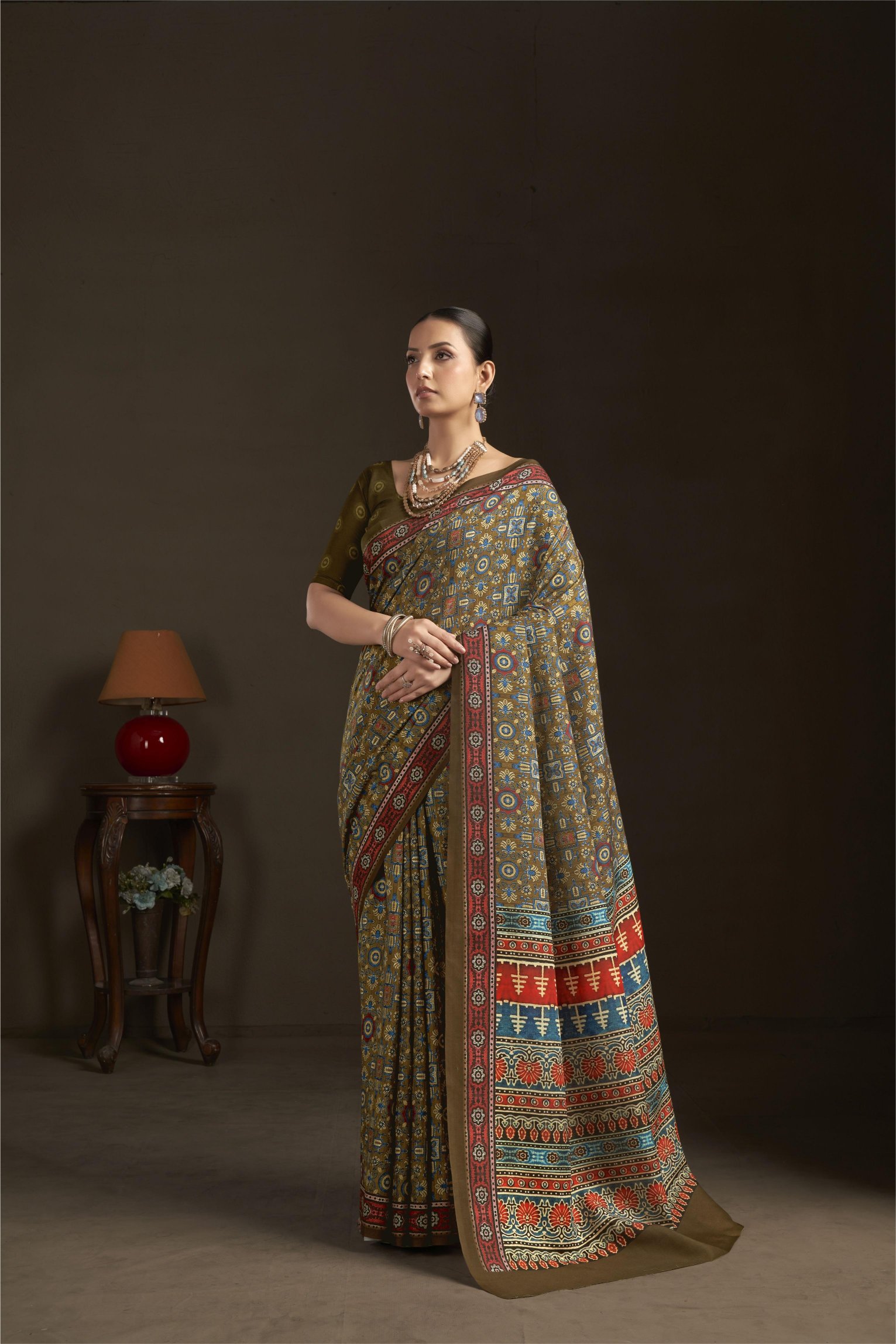 Mehendi Digital Printed Silk Crepe Ready-to-Wear Saree