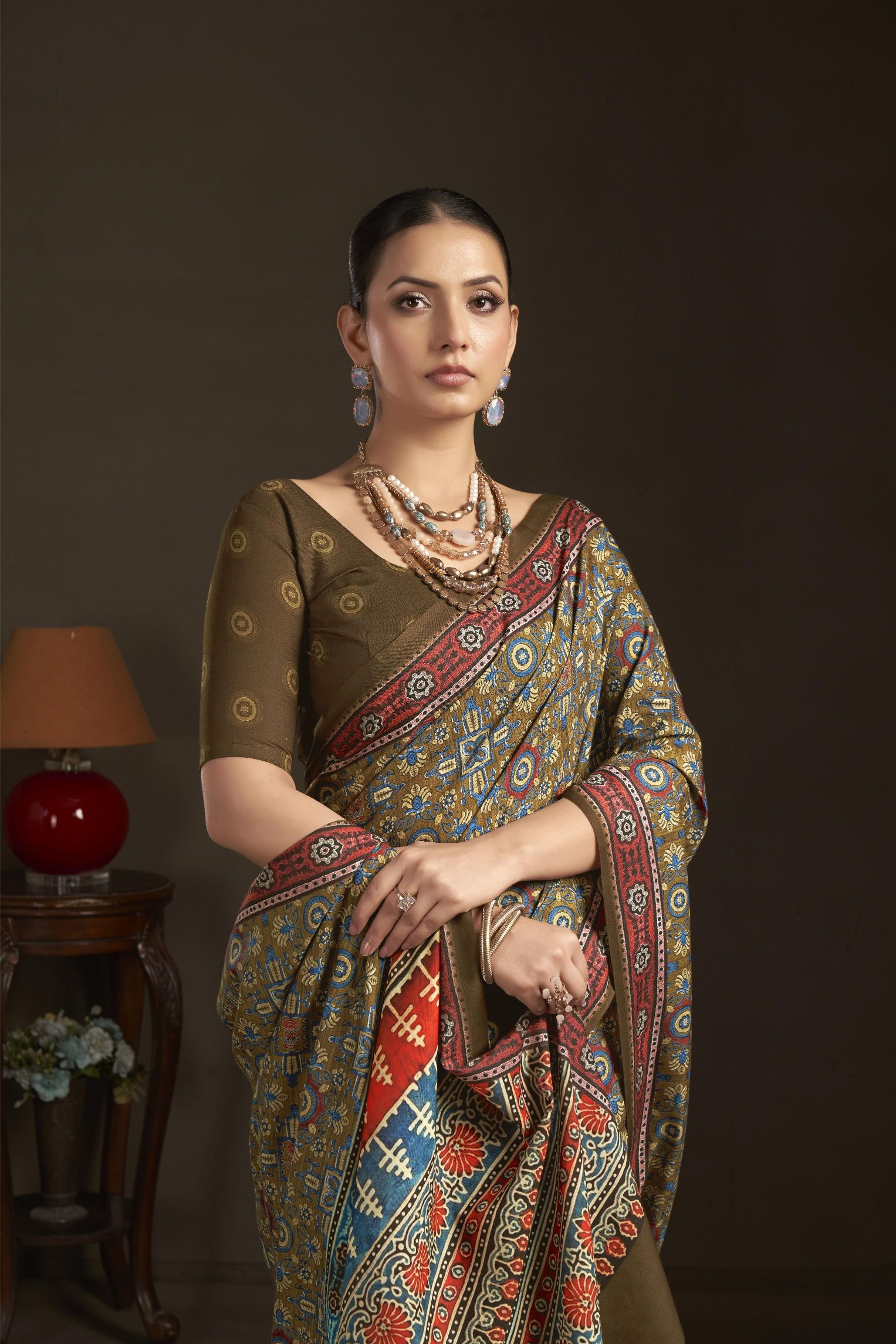 Mehendi Digital Printed Silk Crepe Ready-to-Wear Saree