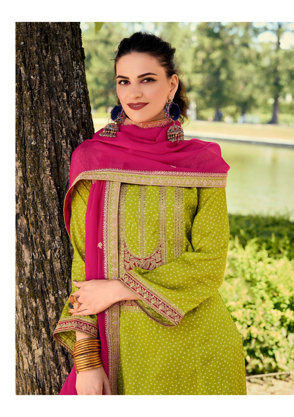 Mehendi Embroidered Bambarg Salwar Suit