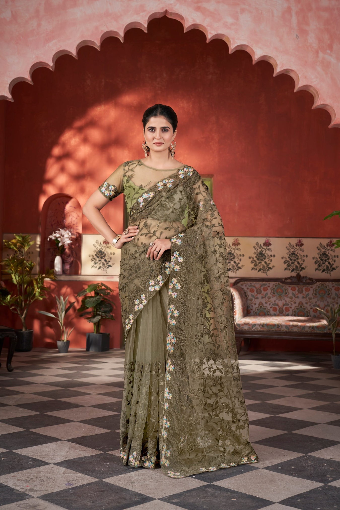 Mehendi Embroidered Butterfly Net Saree