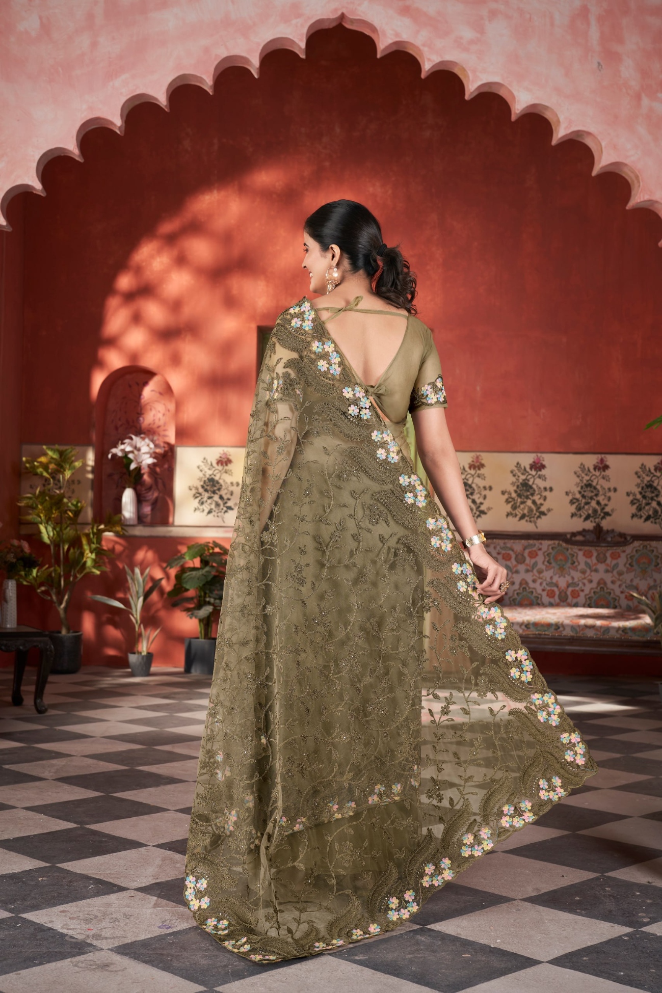 Mehendi Embroidered Butterfly Net Saree — alternate view