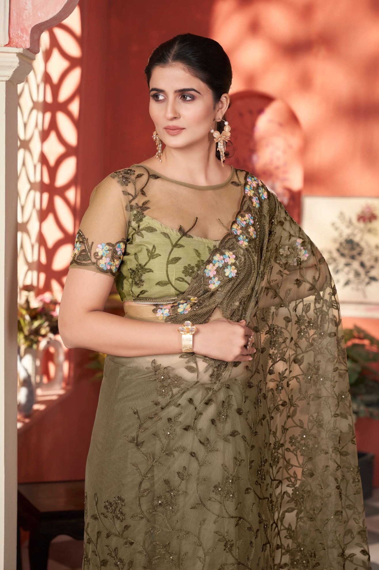 Mehendi Embroidered Butterfly Net Saree
