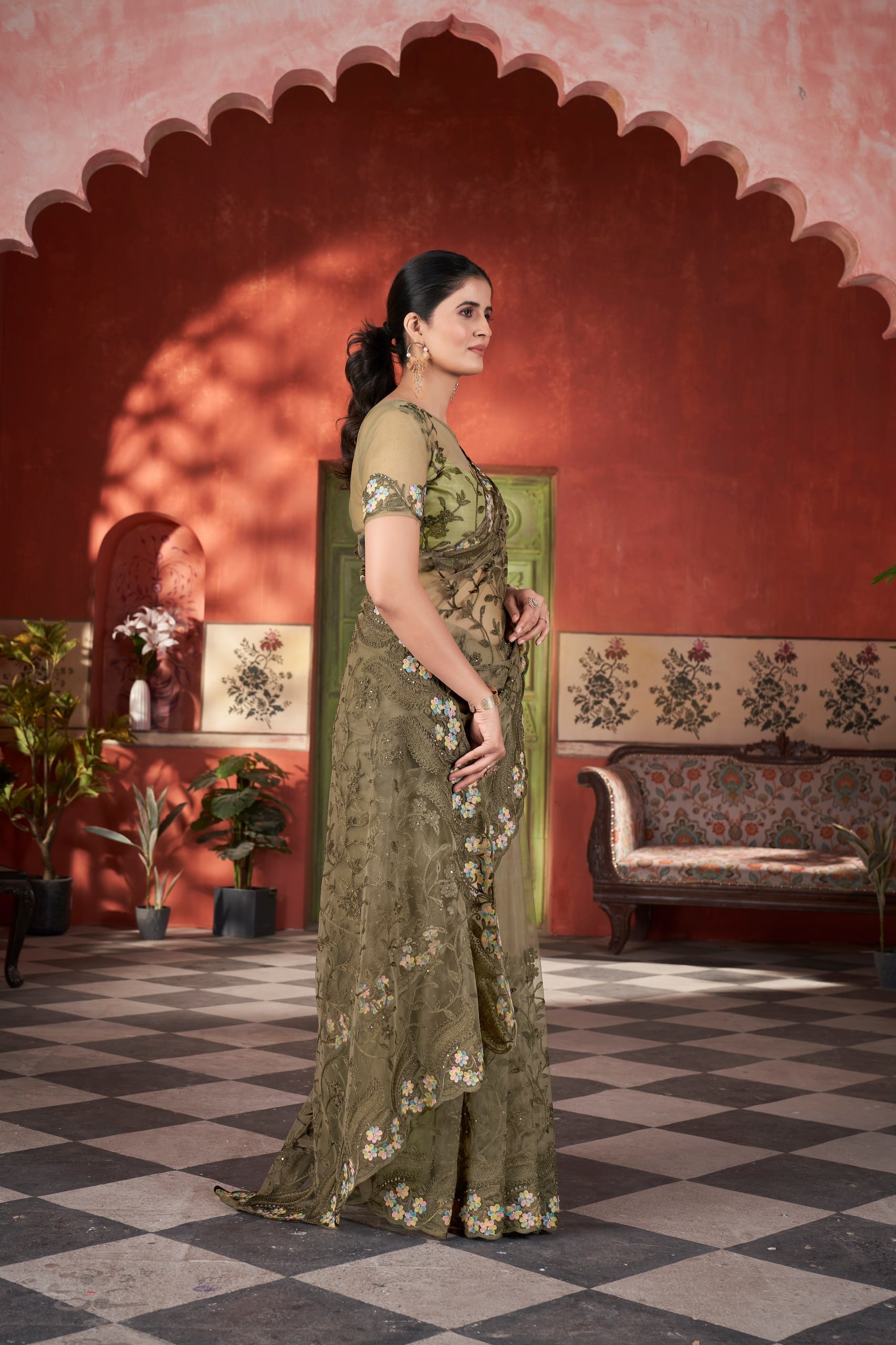 Mehendi Embroidered Butterfly Net Saree
