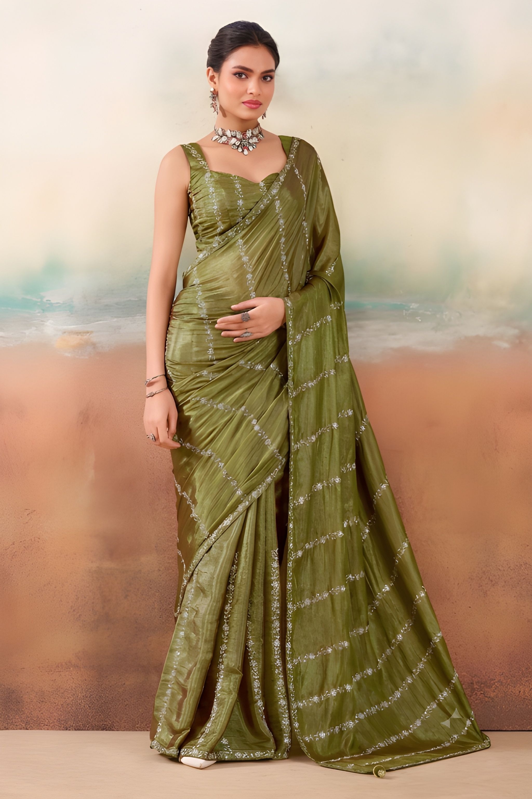 Mehendi Embroidered Chiffon Designer Saree
