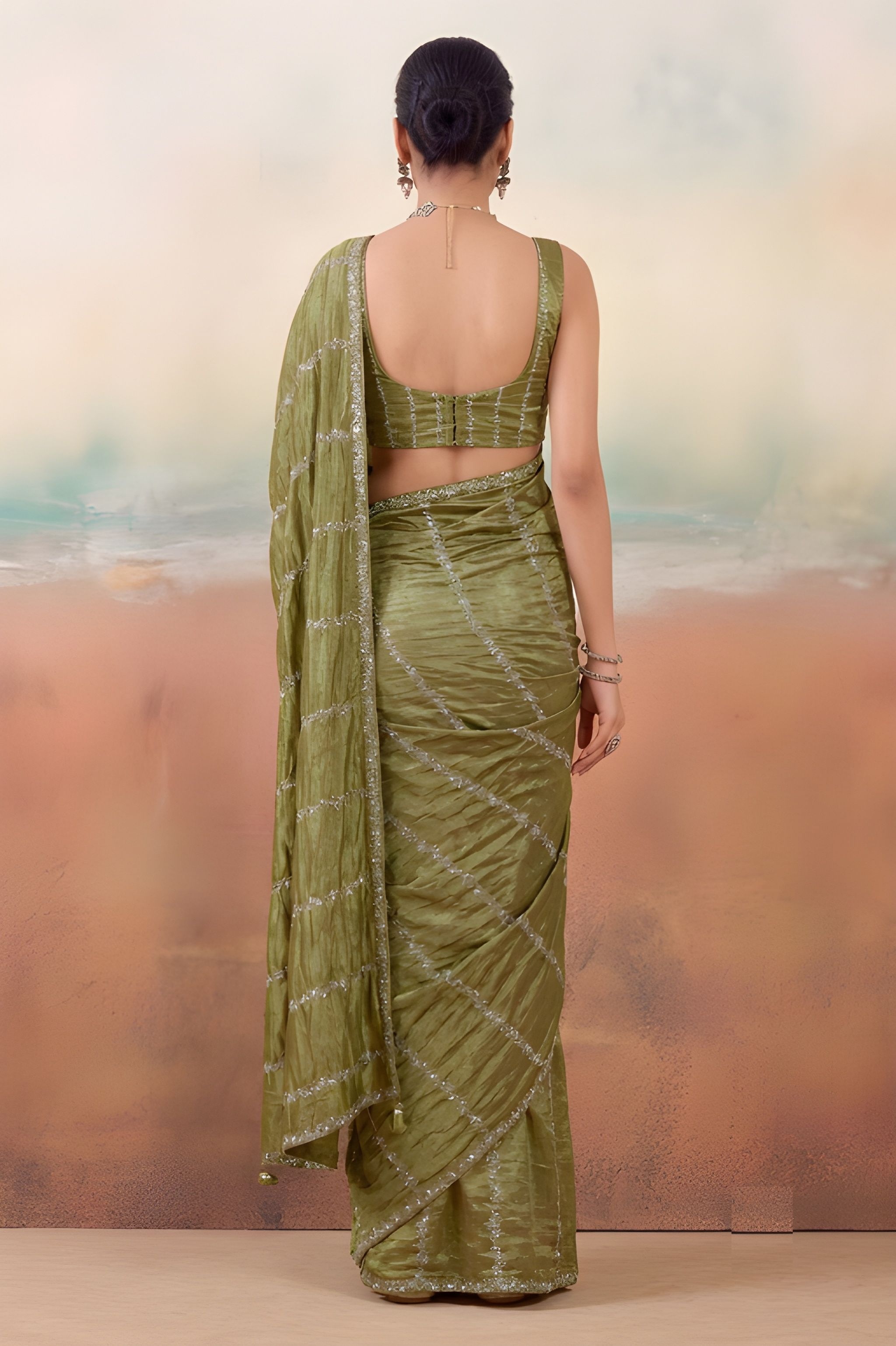 Mehendi Embroidered Chiffon Designer Saree — alternate view