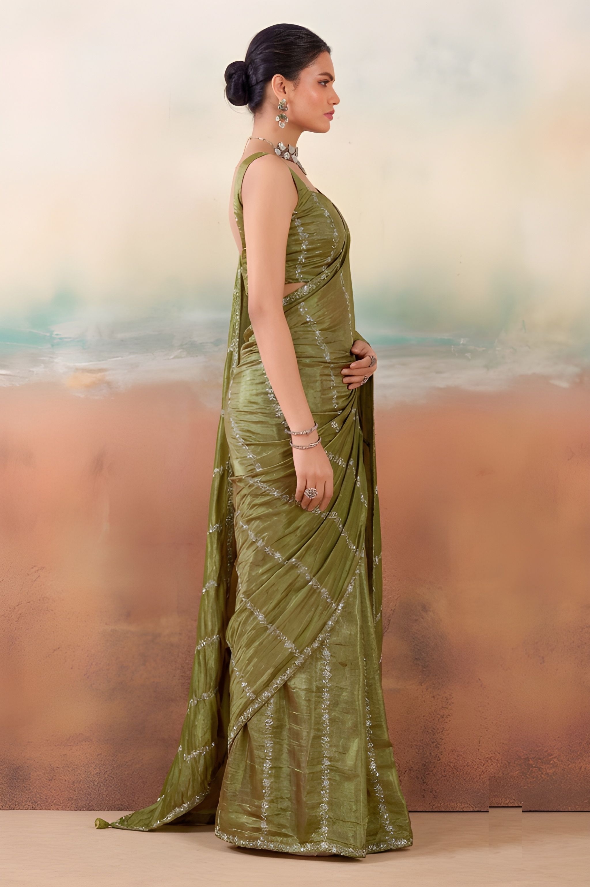 Mehendi Embroidered Chiffon Designer Saree