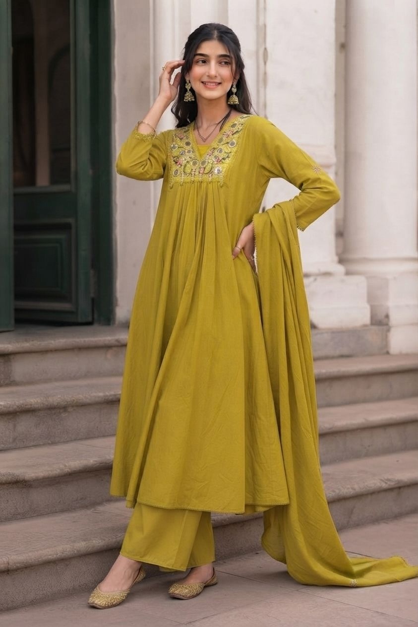Mehendi Embroidered Cotton Anarkali Suit