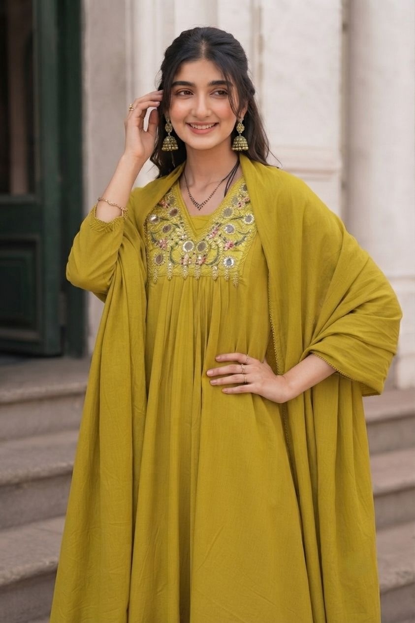 Mehendi Embroidered Cotton Anarkali Suit