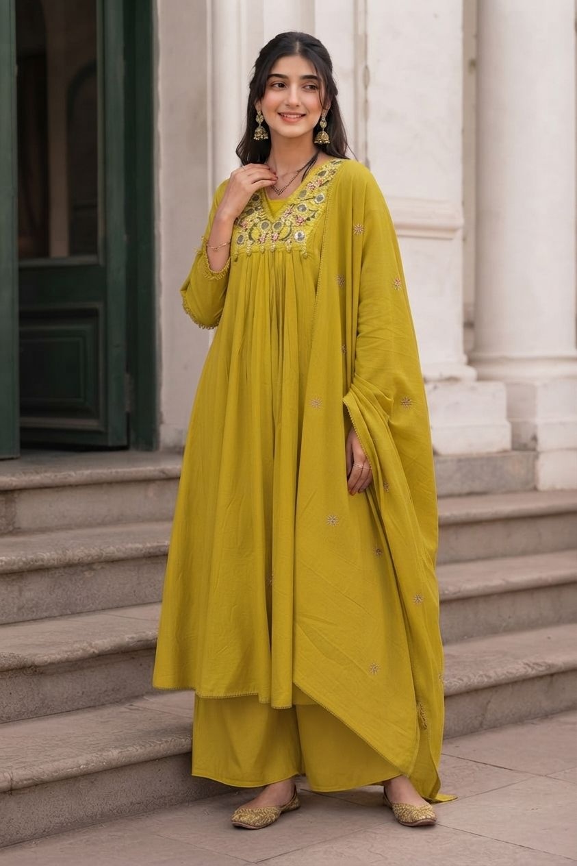 Mehendi Embroidered Cotton Anarkali Suit