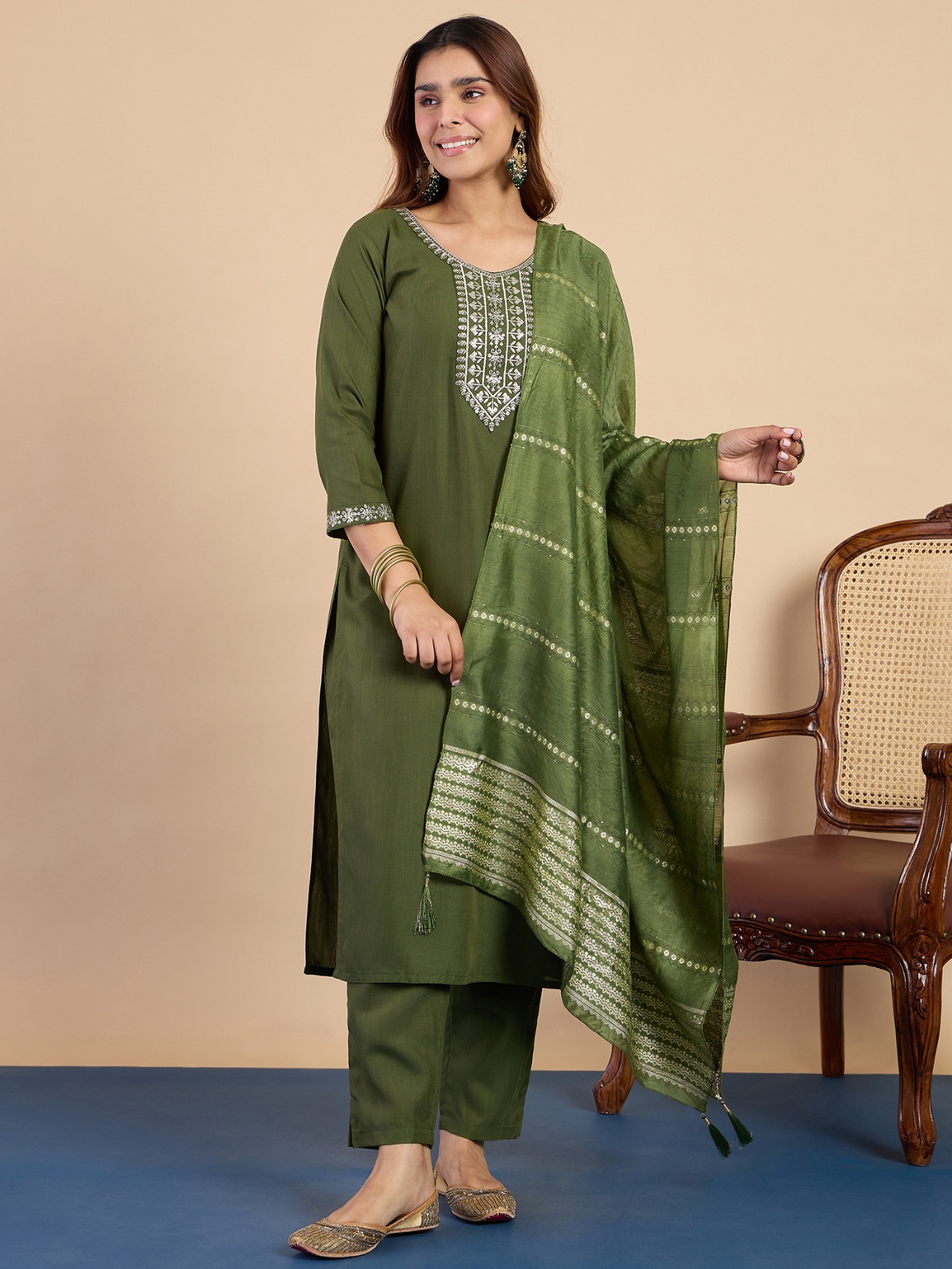 Mehendi Embroidered Cotton Blend Straight Pant Suit