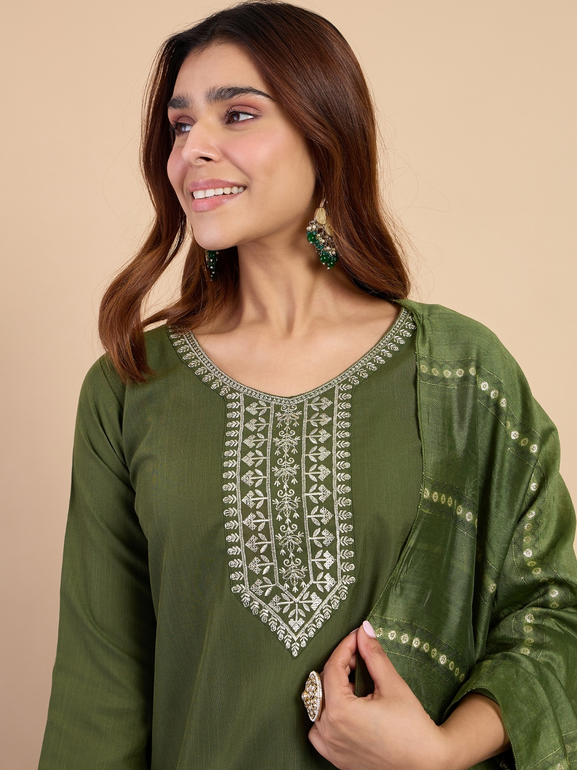 Mehendi Embroidered Cotton Blend Straight Pant Suit