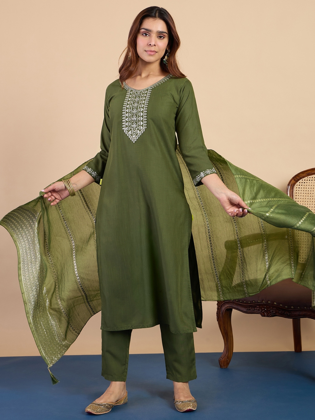 Mehendi Embroidered Cotton Blend Straight Pant Suit