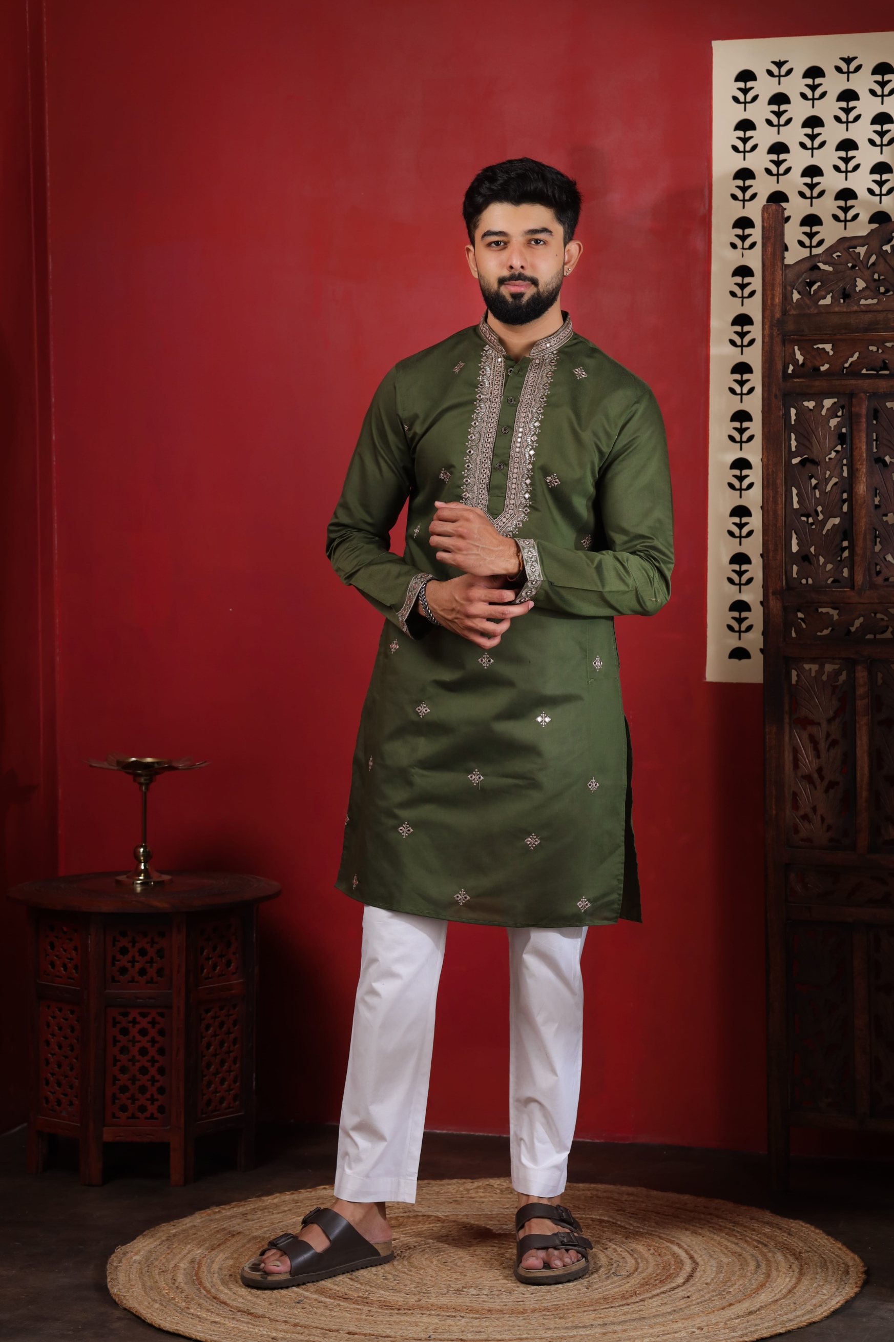 Mehendi Embroidered Cotton Kurta Pyjama