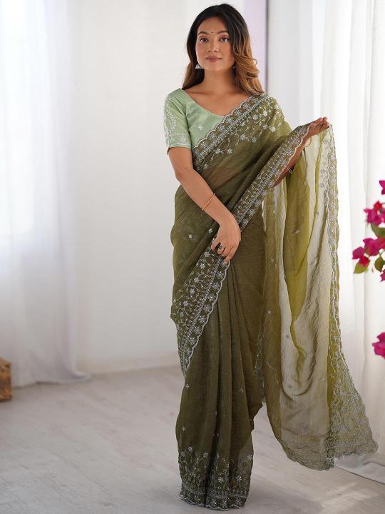 Mehendi Embroidered Crunchy Silk Saree