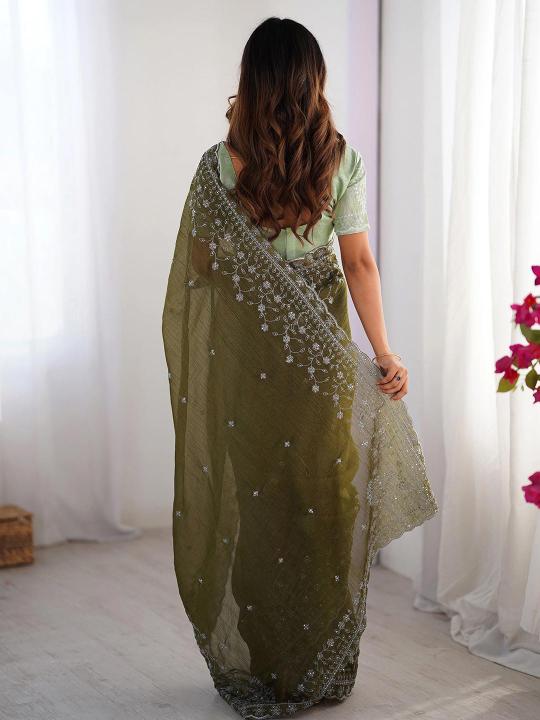 Mehendi Embroidered Crunchy Silk Saree — alternate view