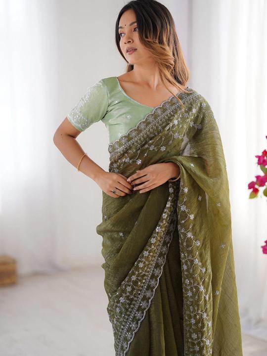 Mehendi Embroidered Crunchy Silk Saree