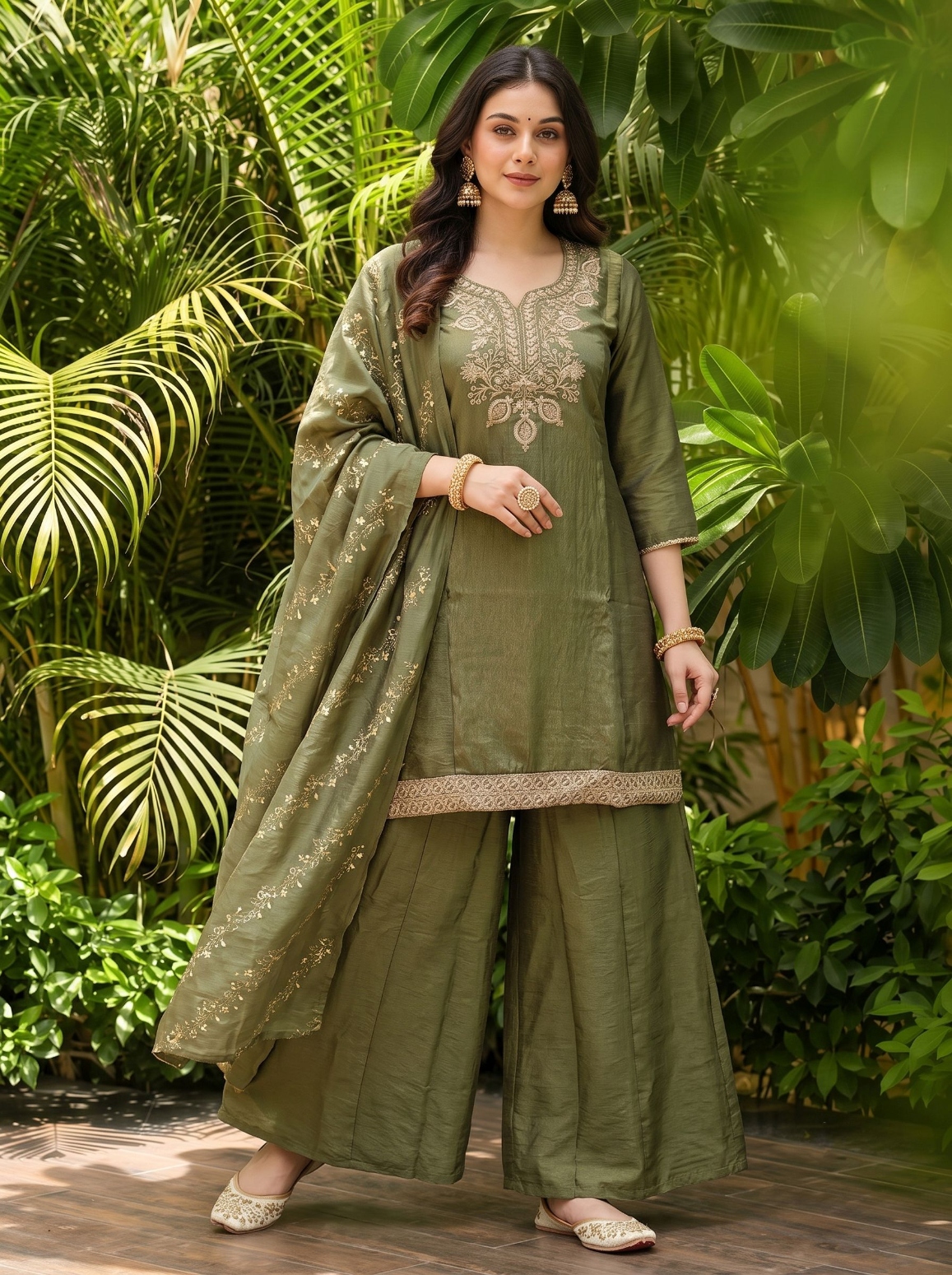 Mehendi Embroidered Gold Silk Palazzo Suit