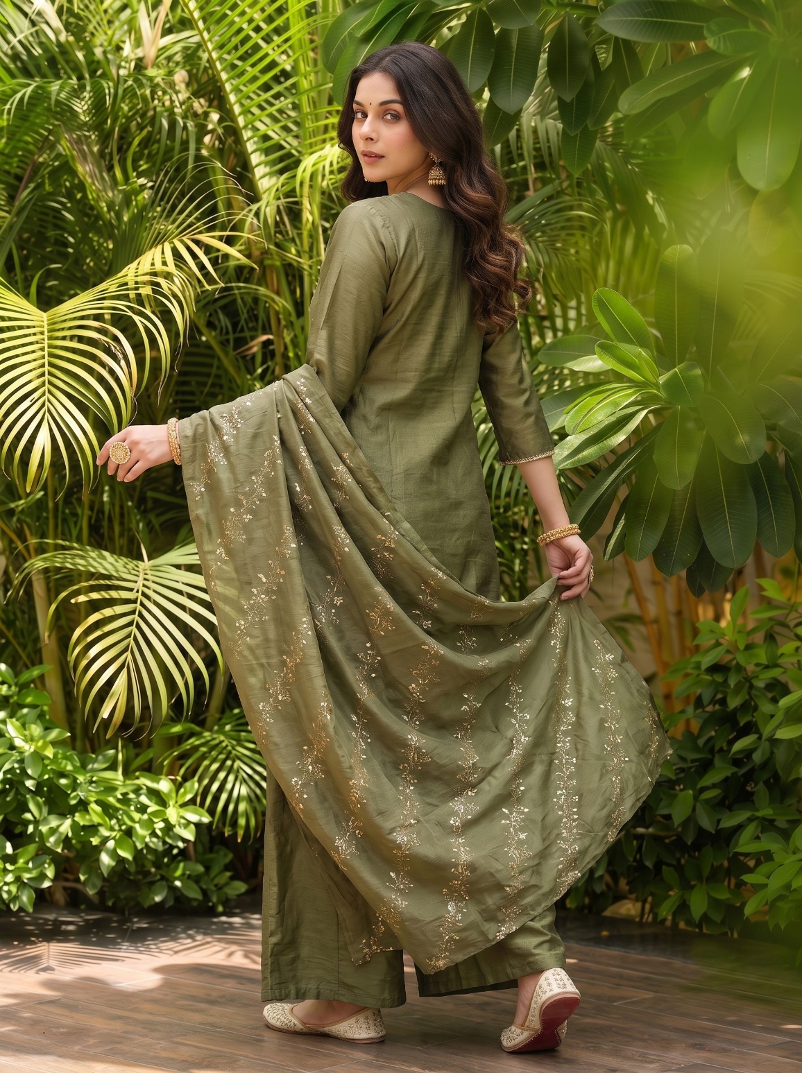 Mehendi Embroidered Gold Silk Palazzo Suit — alternate view