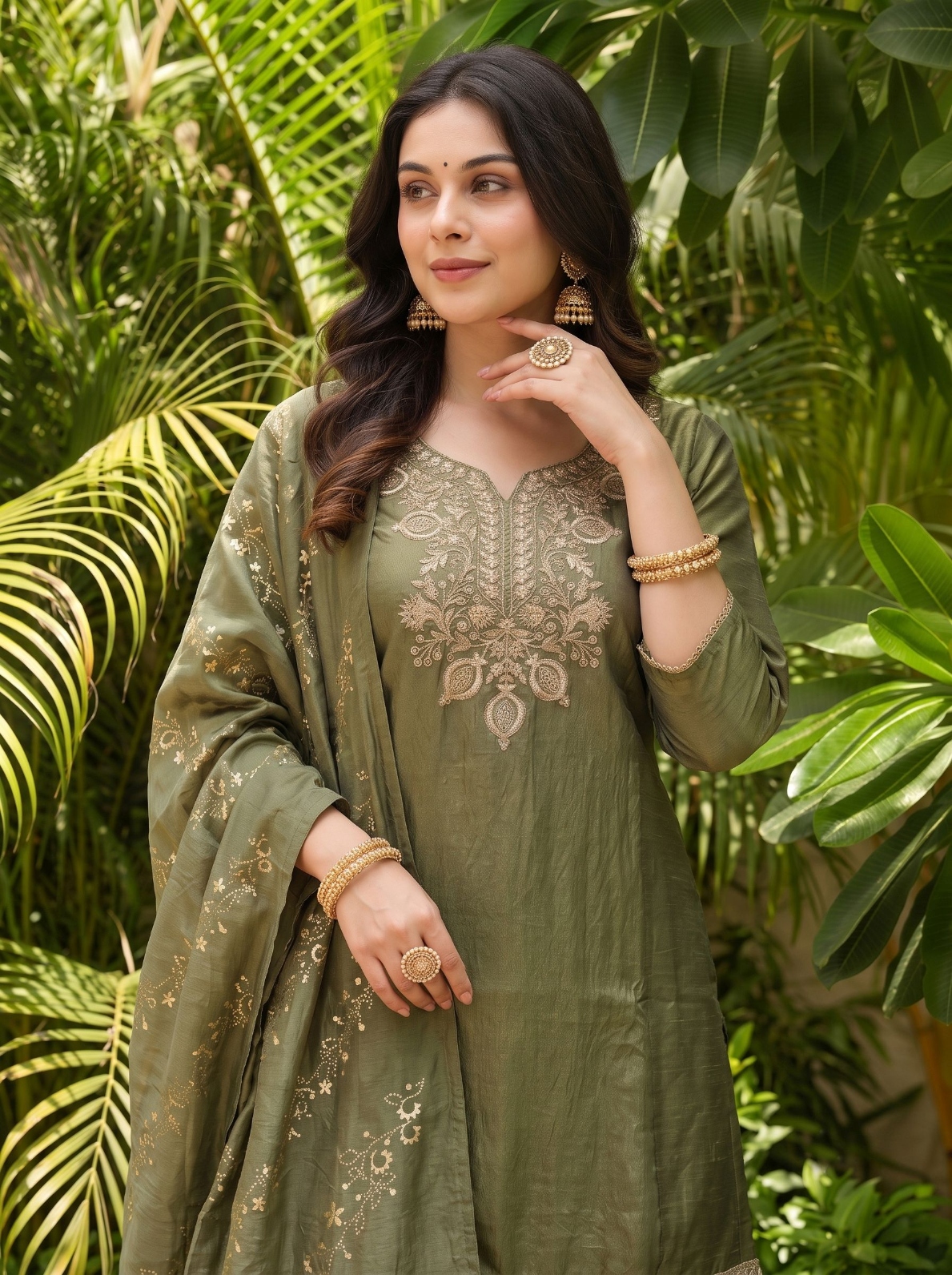 Mehendi Embroidered Gold Silk Palazzo Suit