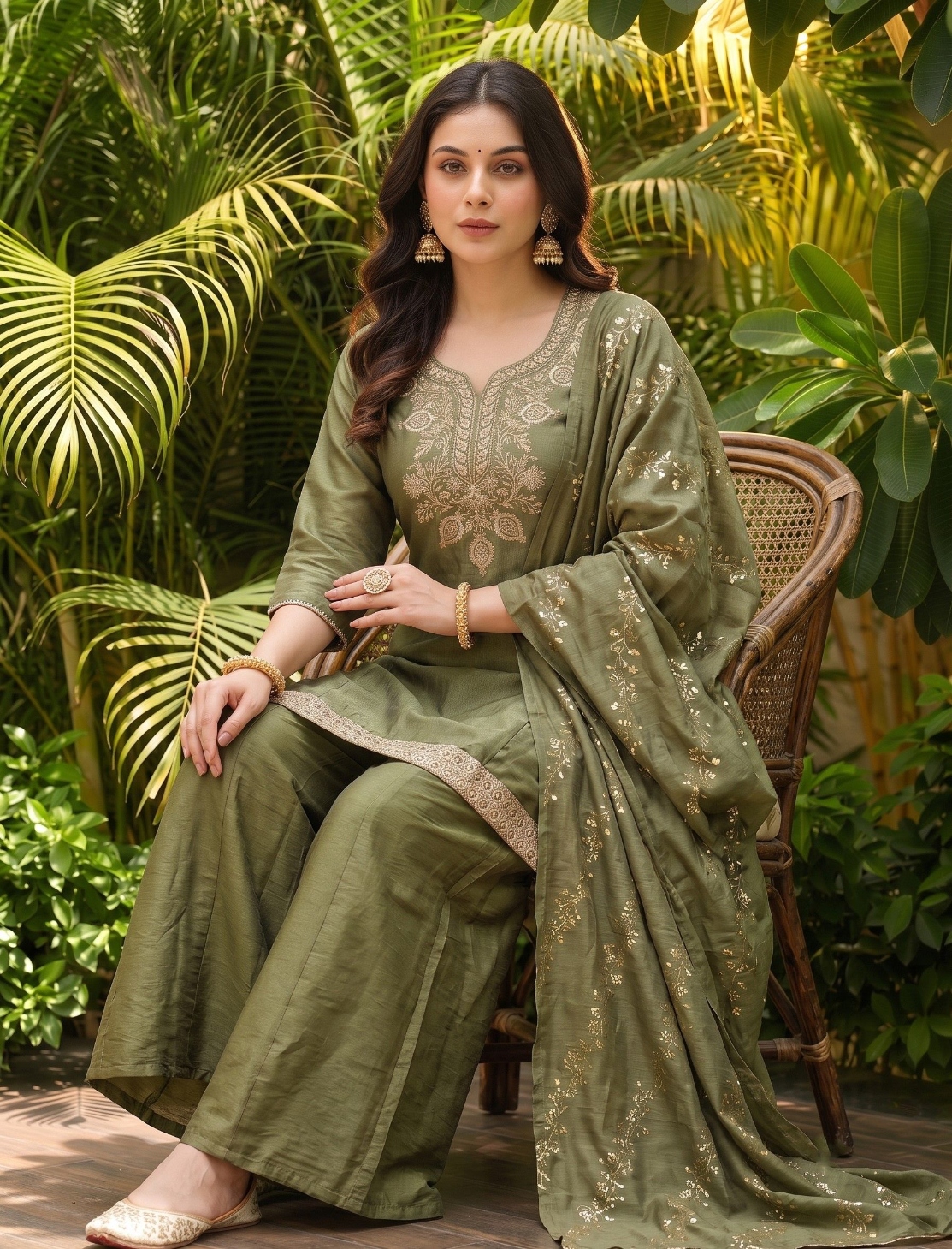 Mehendi Embroidered Gold Silk Palazzo Suit