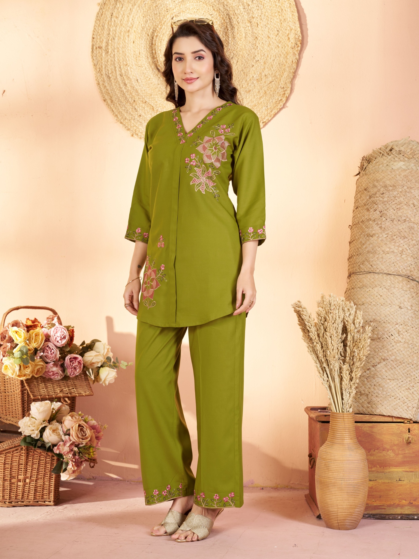 Mehendi Embroidered Rayon Co-Ord Set