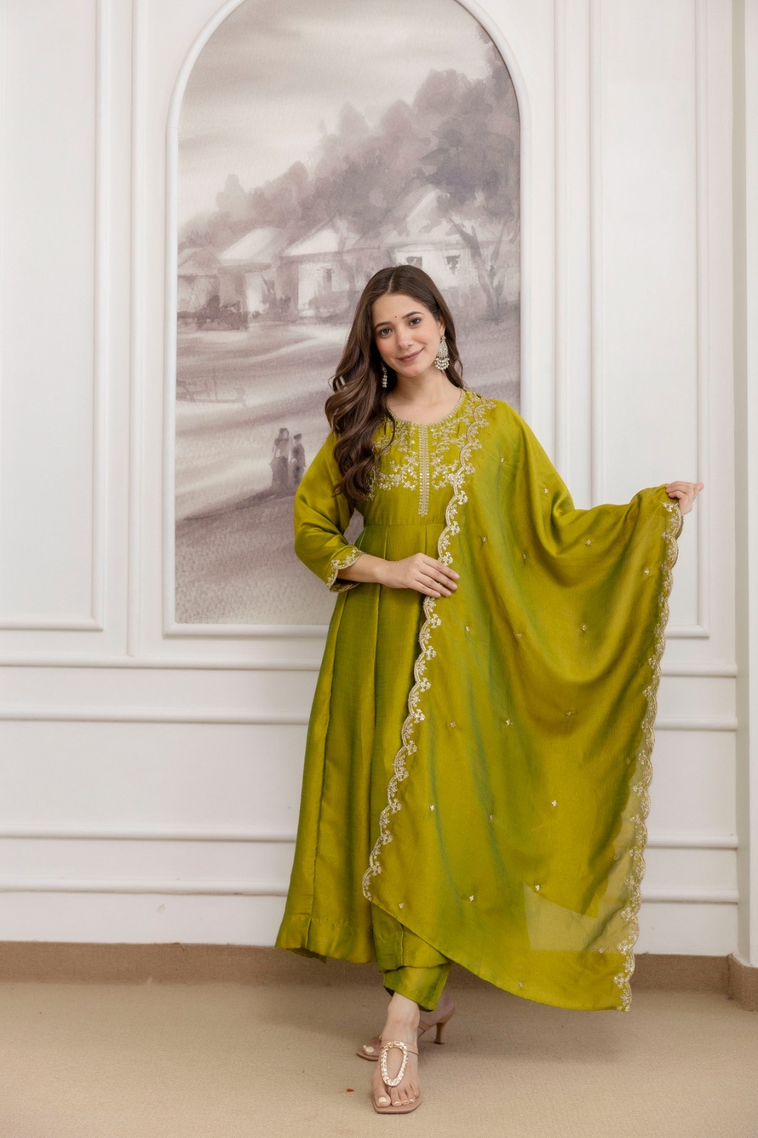 Mehendi Embroidered Vichitra Anarkali Suit