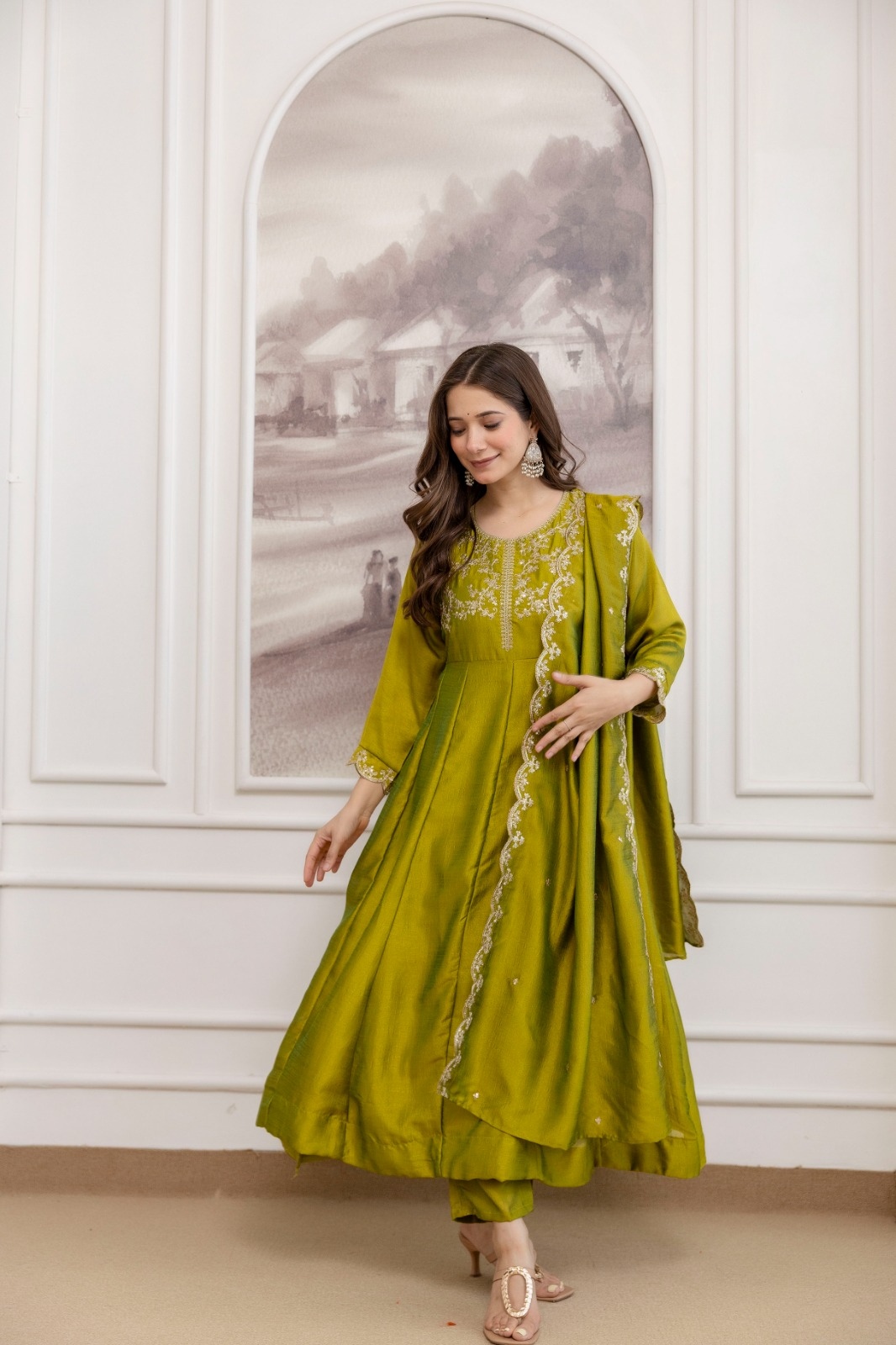 Mehendi Embroidered Vichitra Anarkali Suit