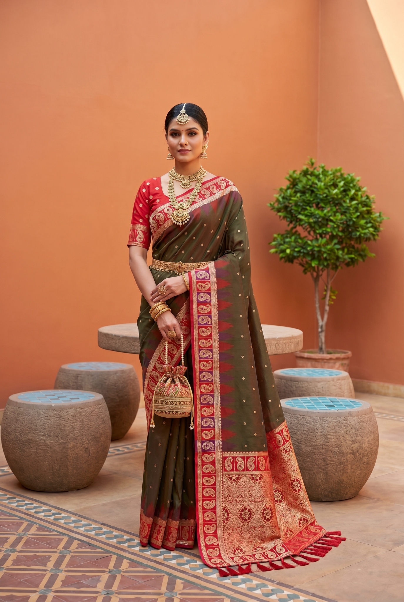 Mehendi Ethnic Motif Woven Soft Silk Saree