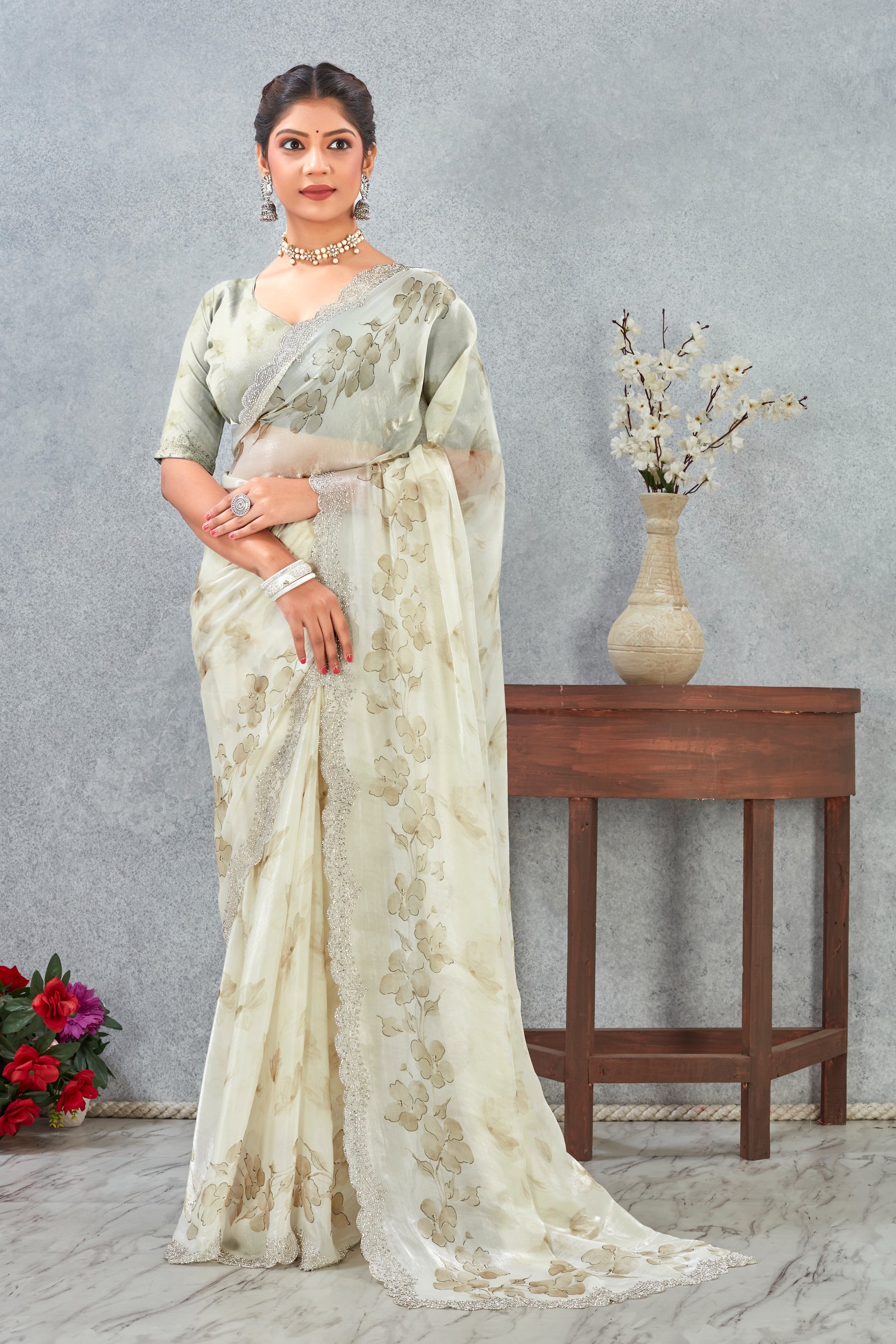 Mehendi Fendy Satin Floral Zircon Border Saree