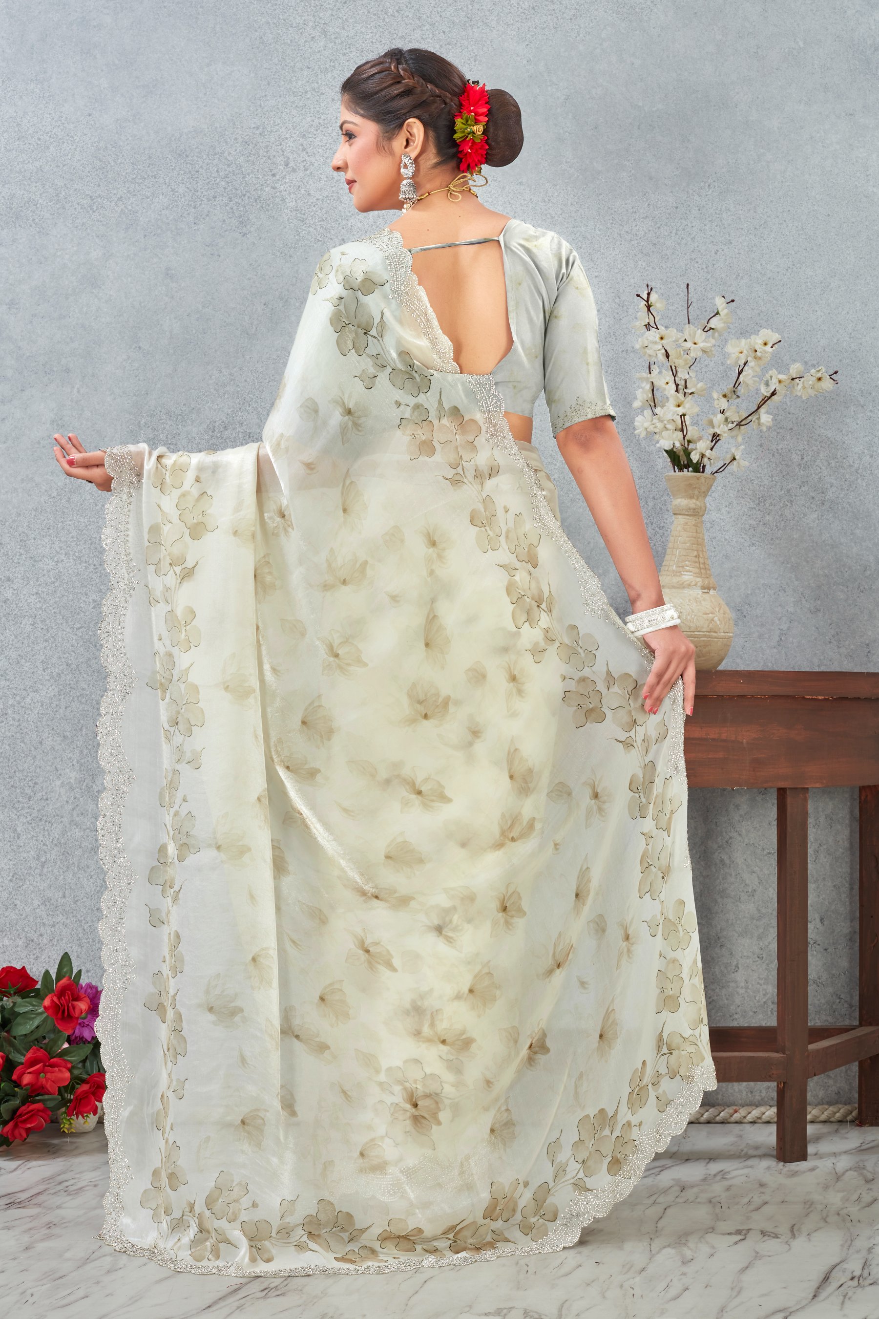 Mehendi Fendy Satin Floral Zircon Border Saree — alternate view