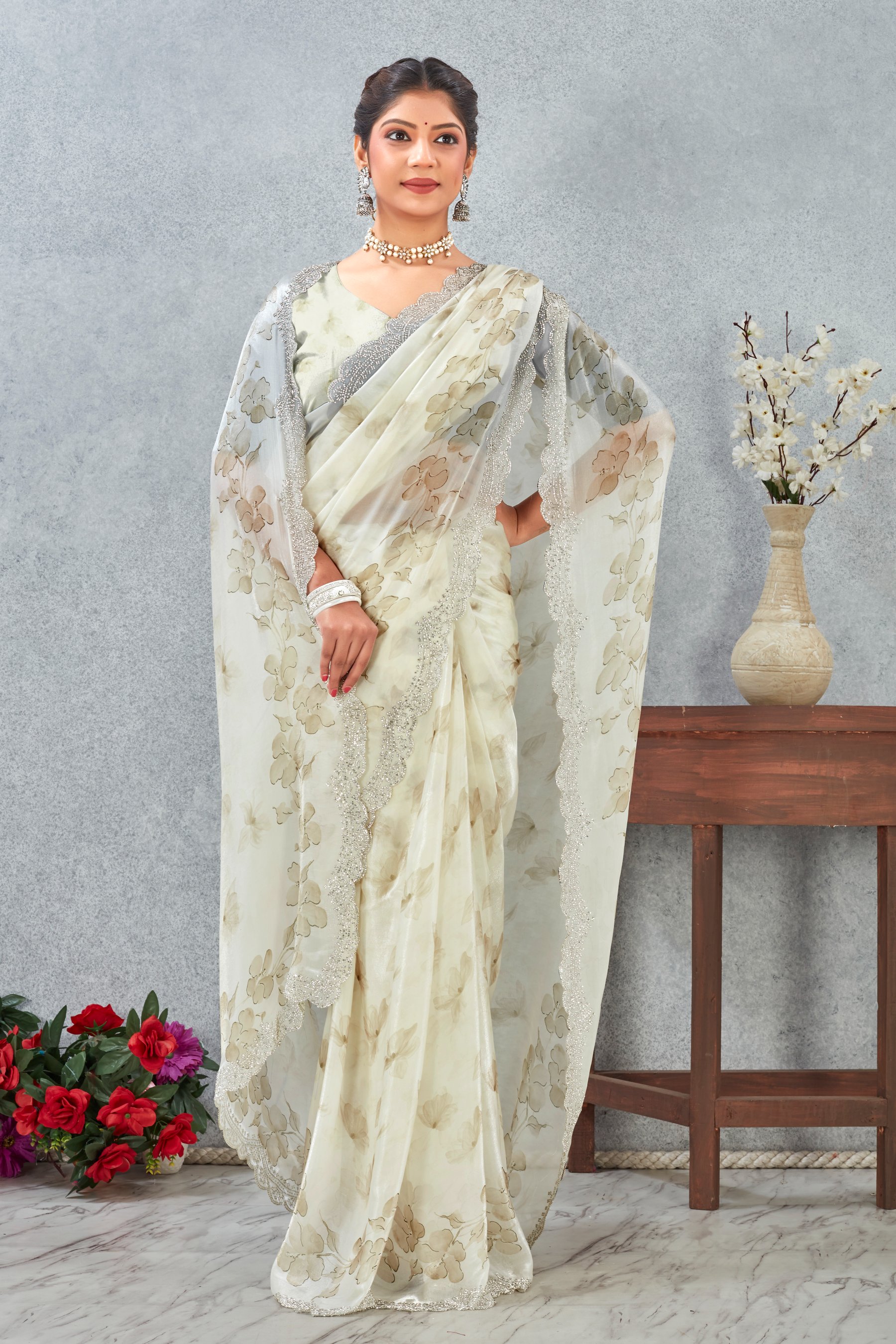 Mehendi Fendy Satin Floral Zircon Border Saree