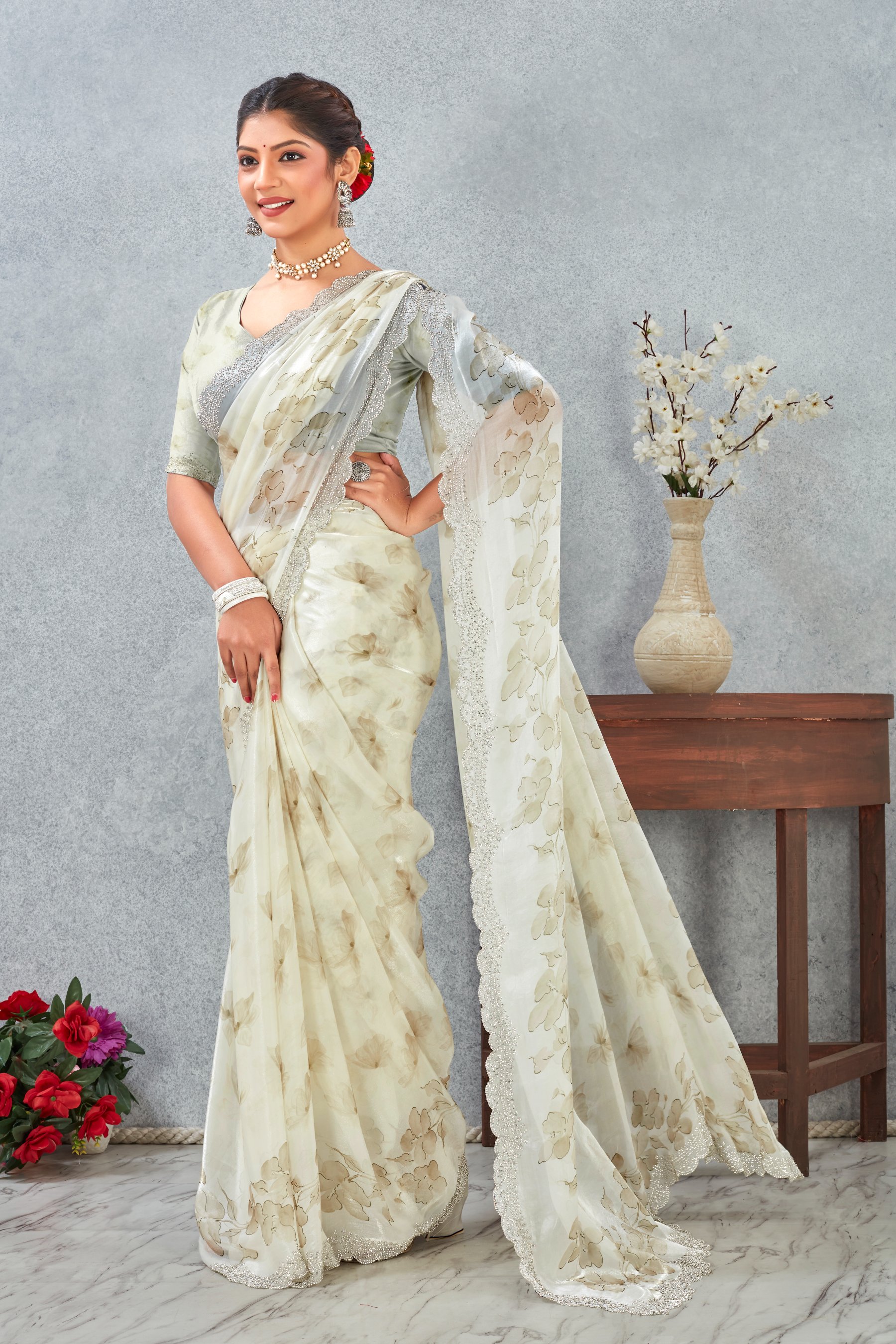 Mehendi Fendy Satin Floral Zircon Border Saree