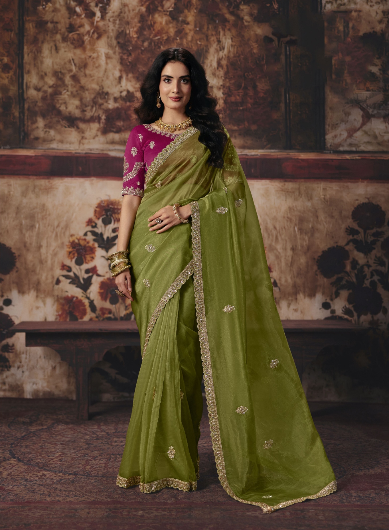 Mehendi Floral Bead Work Organza Saree