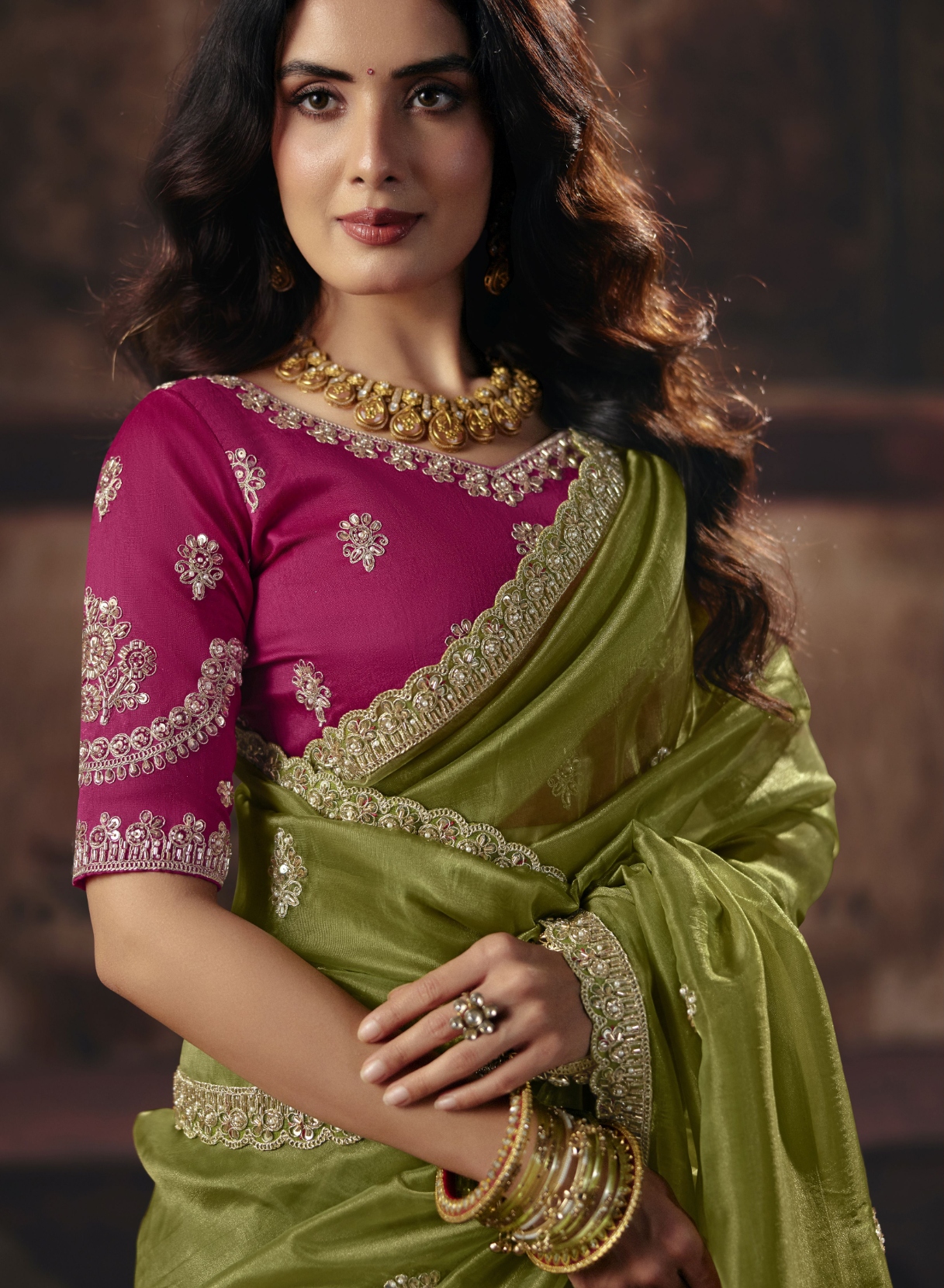 Mehendi Floral Bead Work Organza Saree — alternate view