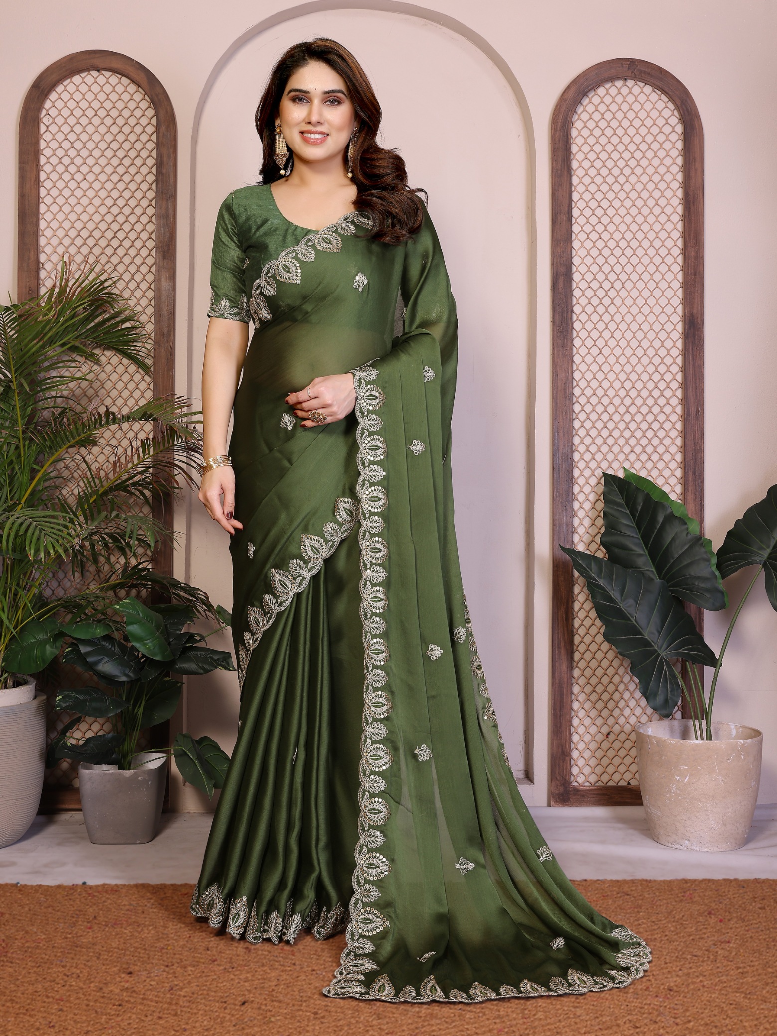 Mehendi Floral Border Satin Chiffon Designer Saree