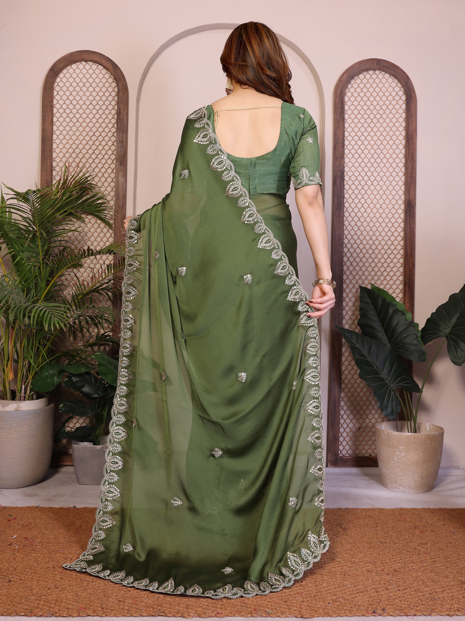 Mehendi Floral Border Satin Chiffon Designer Saree — alternate view