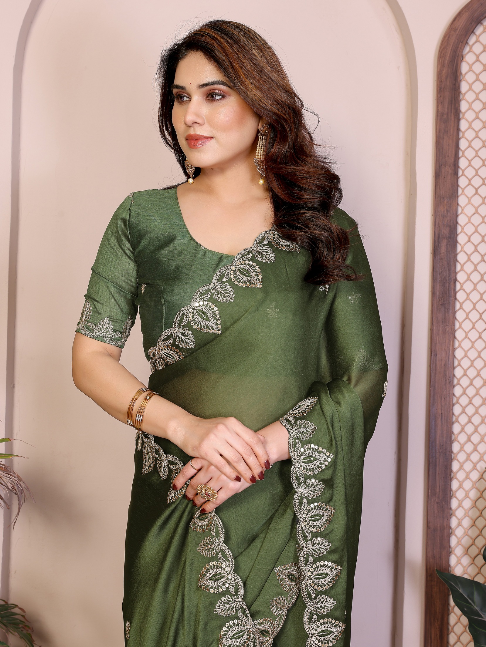 Mehendi Floral Border Satin Chiffon Designer Saree