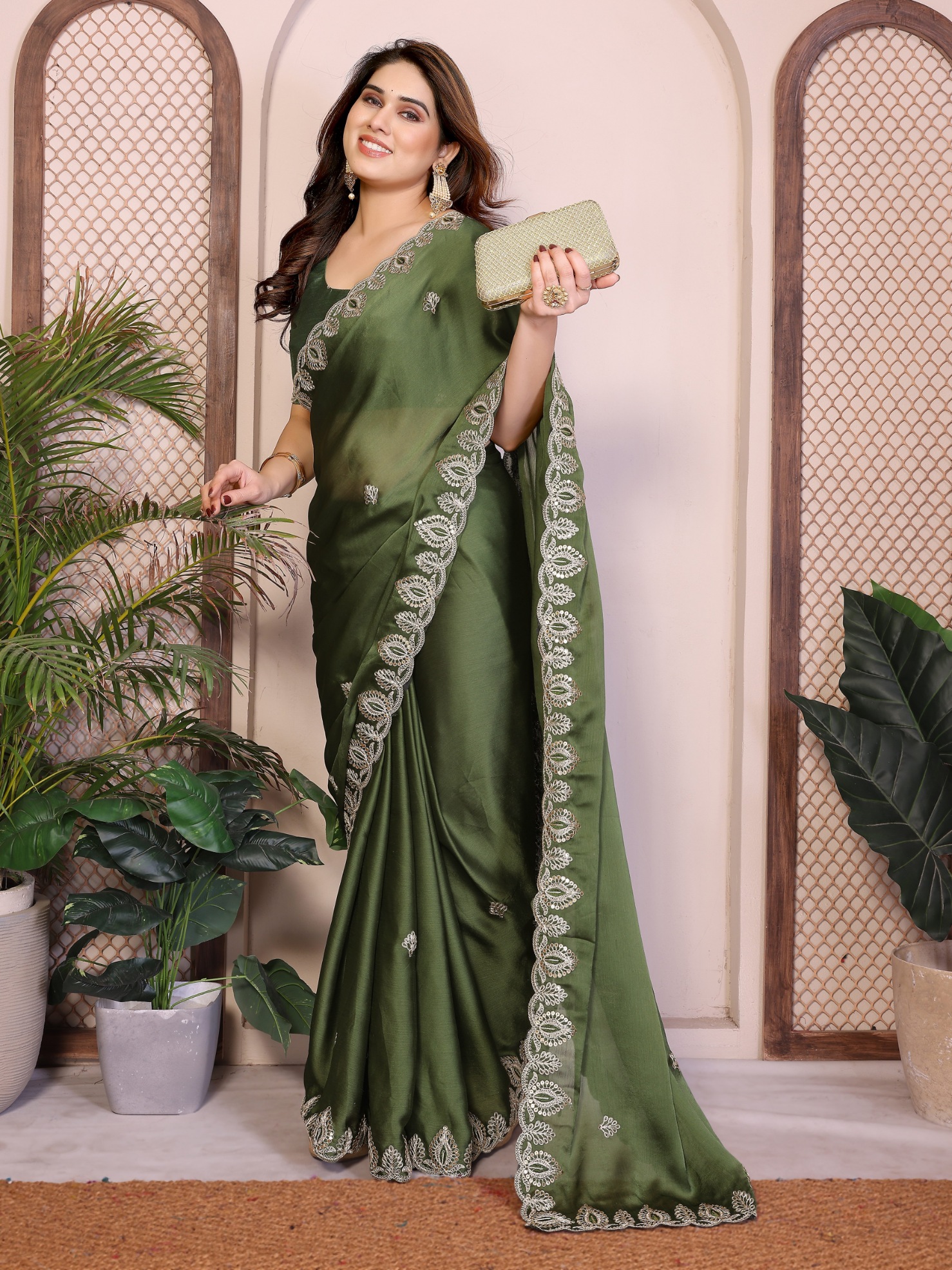 Mehendi Floral Border Satin Chiffon Designer Saree